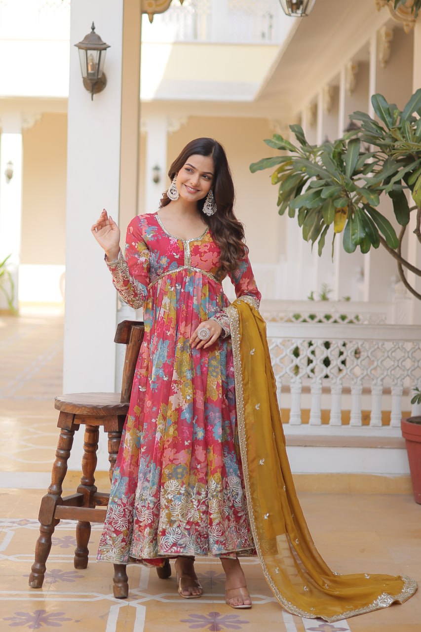 Alia Cut Digital Printed Russian Silk Gown with Dupatta