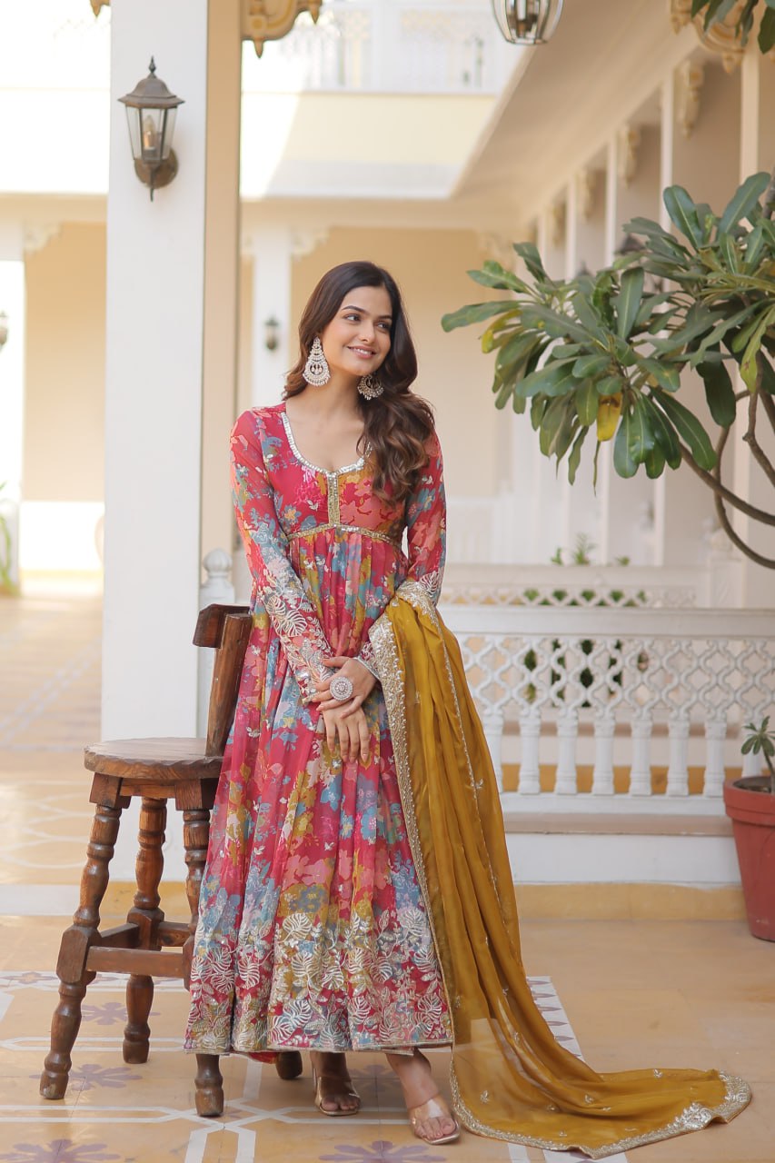 Alia Cut Digital Printed Russian Silk Gown with Dupatta