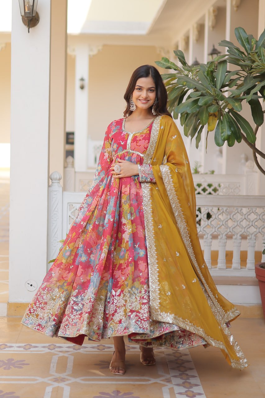 Alia Cut Digital Printed Russian Silk Gown with Dupatta