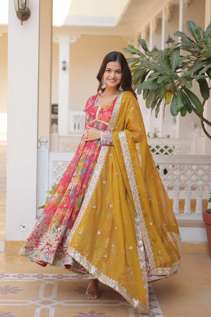 Alia Cut Digital Printed Russian Silk Gown with Dupatta