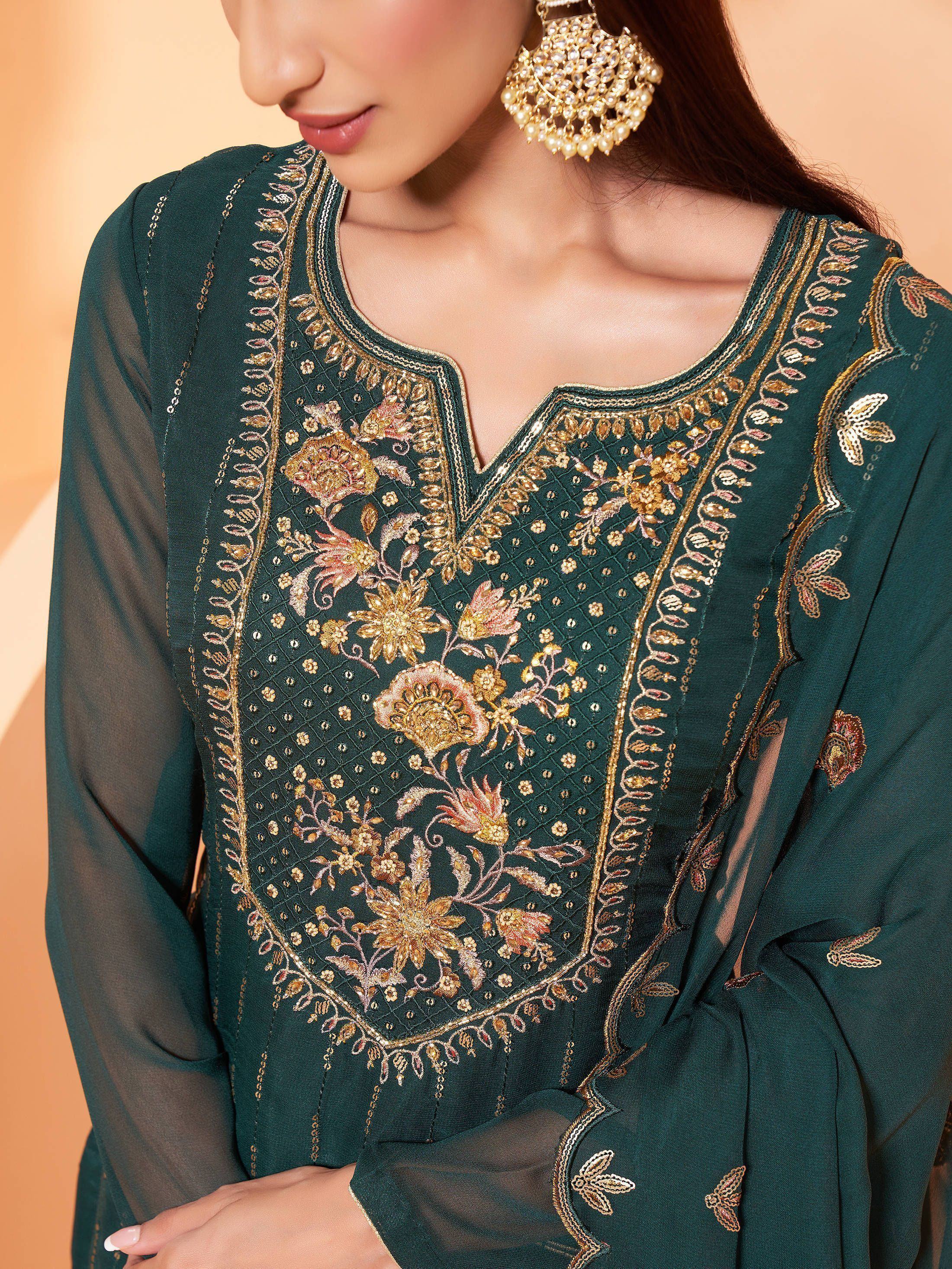 Ravishing Dark Green Sequins Work Georgette Sharara Suit