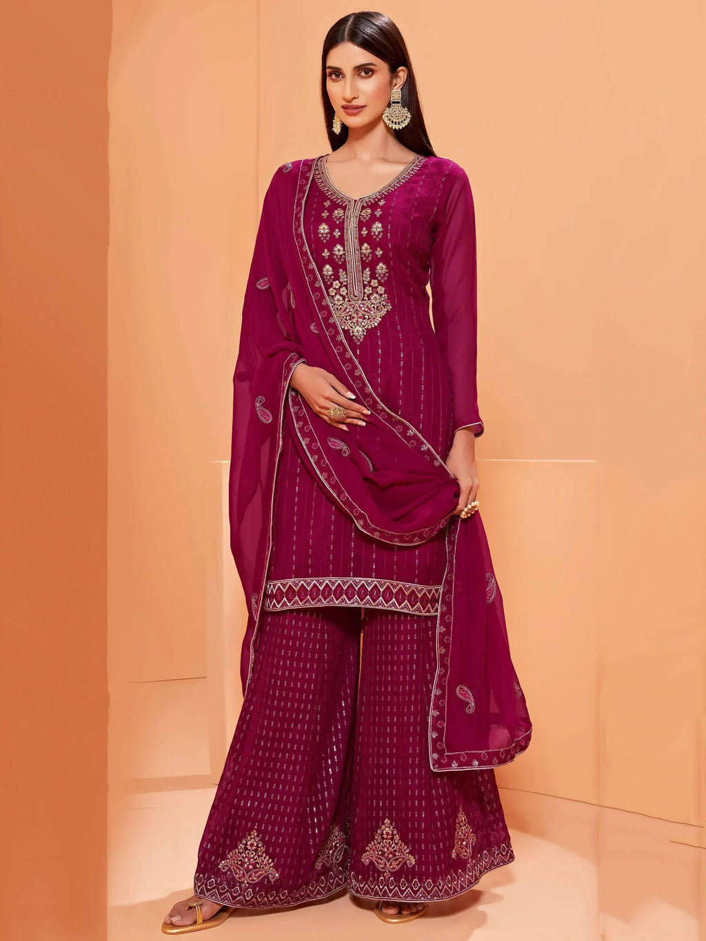 Gorgeous Magenta Sequins Work Georgette Party Wear Sharara Suit