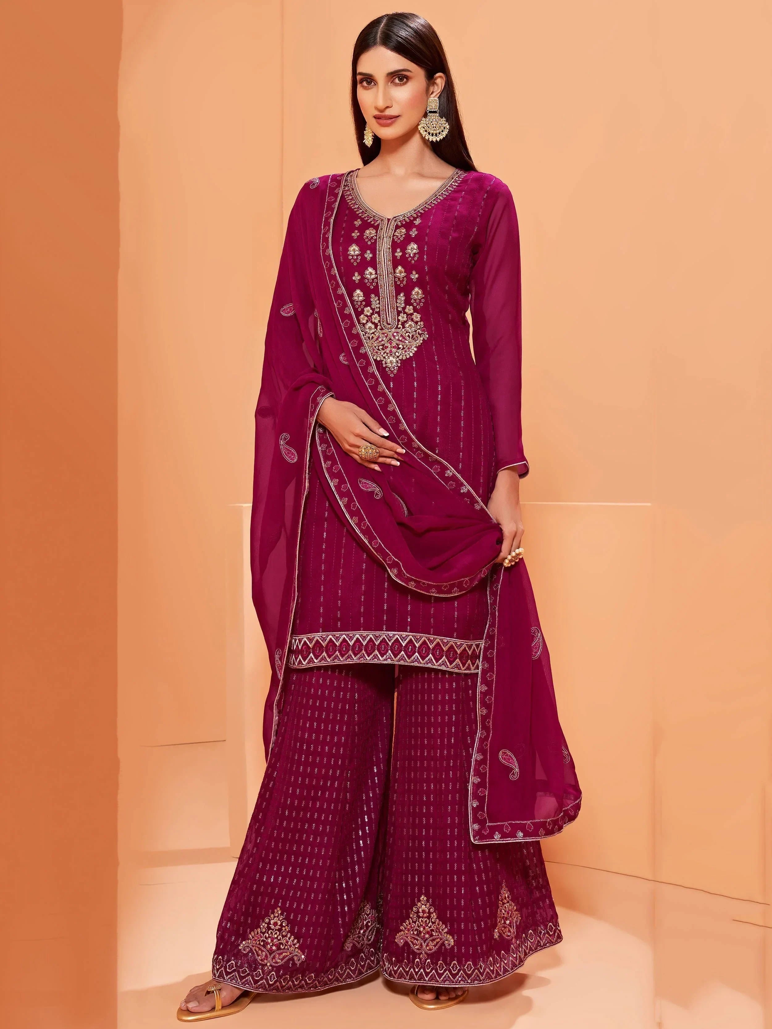 Gorgeous Magenta Sequins Work Georgette Party Wear Sharara Suit