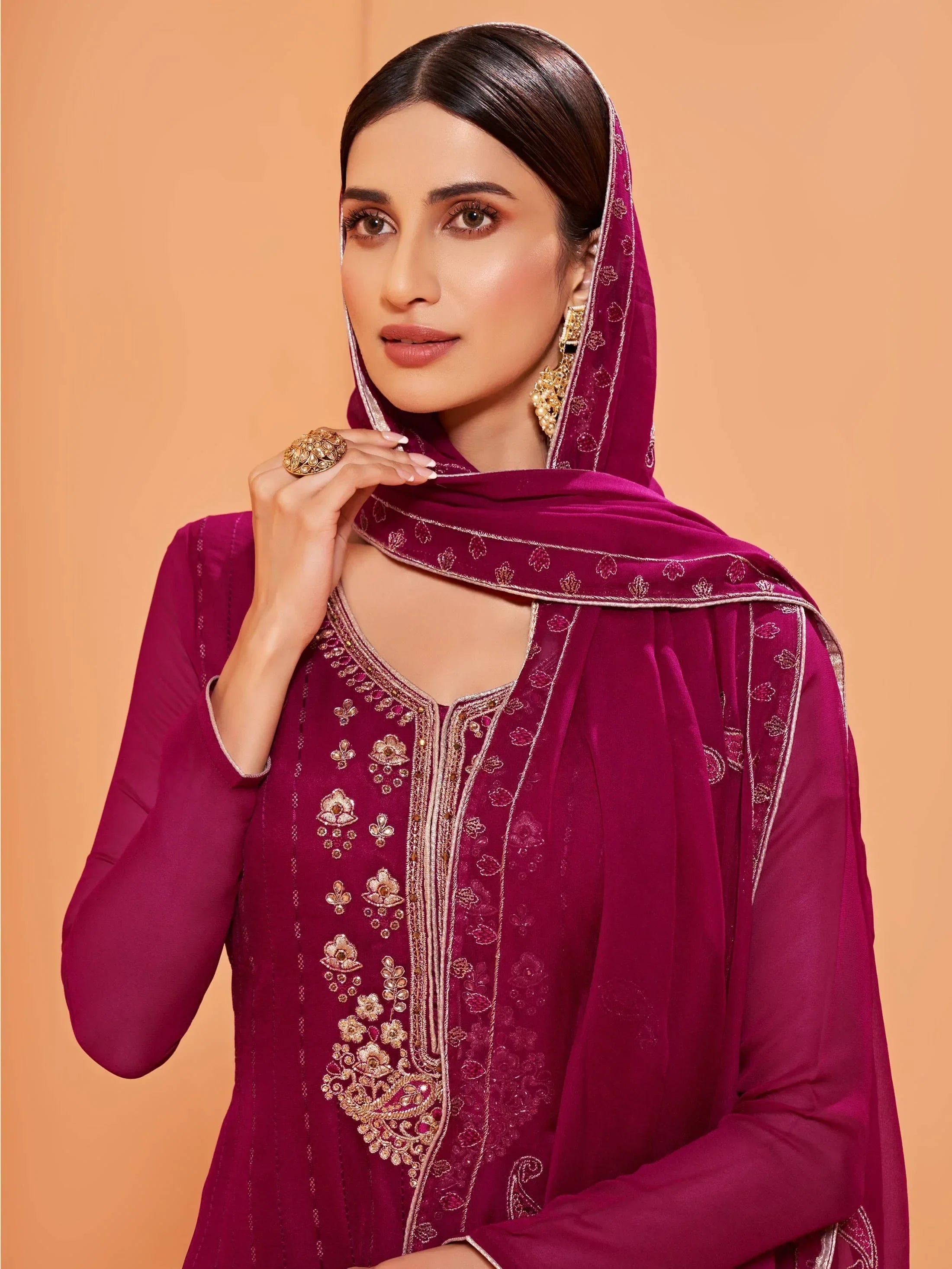 Gorgeous Magenta Sequins Work Georgette Party Wear Sharara Suit