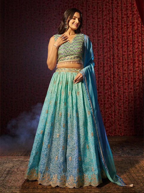 Alluring Blue Printed Organza Wedding Wear Lehenga Choli With Dupatta