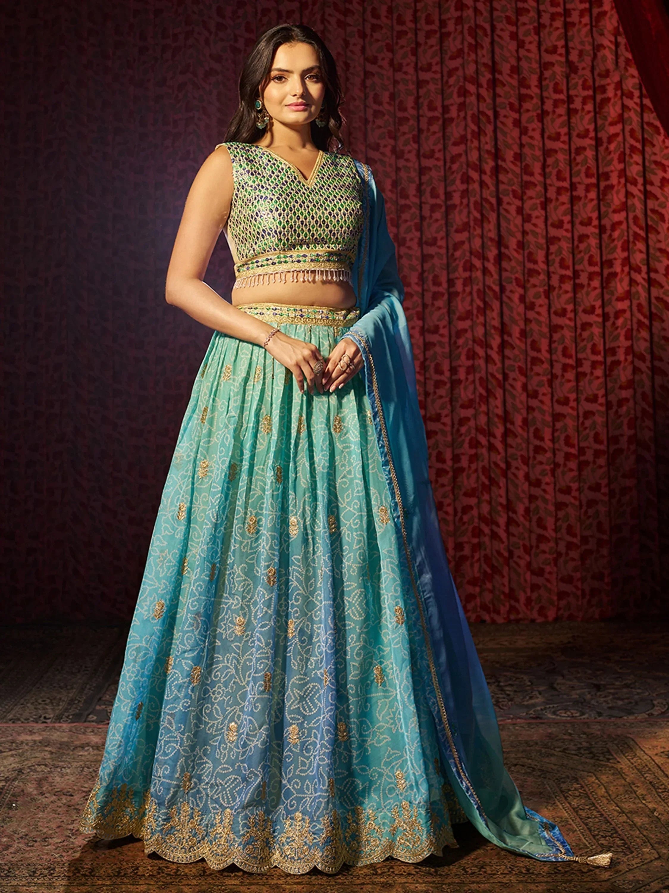 Alluring Blue Printed Organza Wedding Wear Lehenga Choli With Dupatta