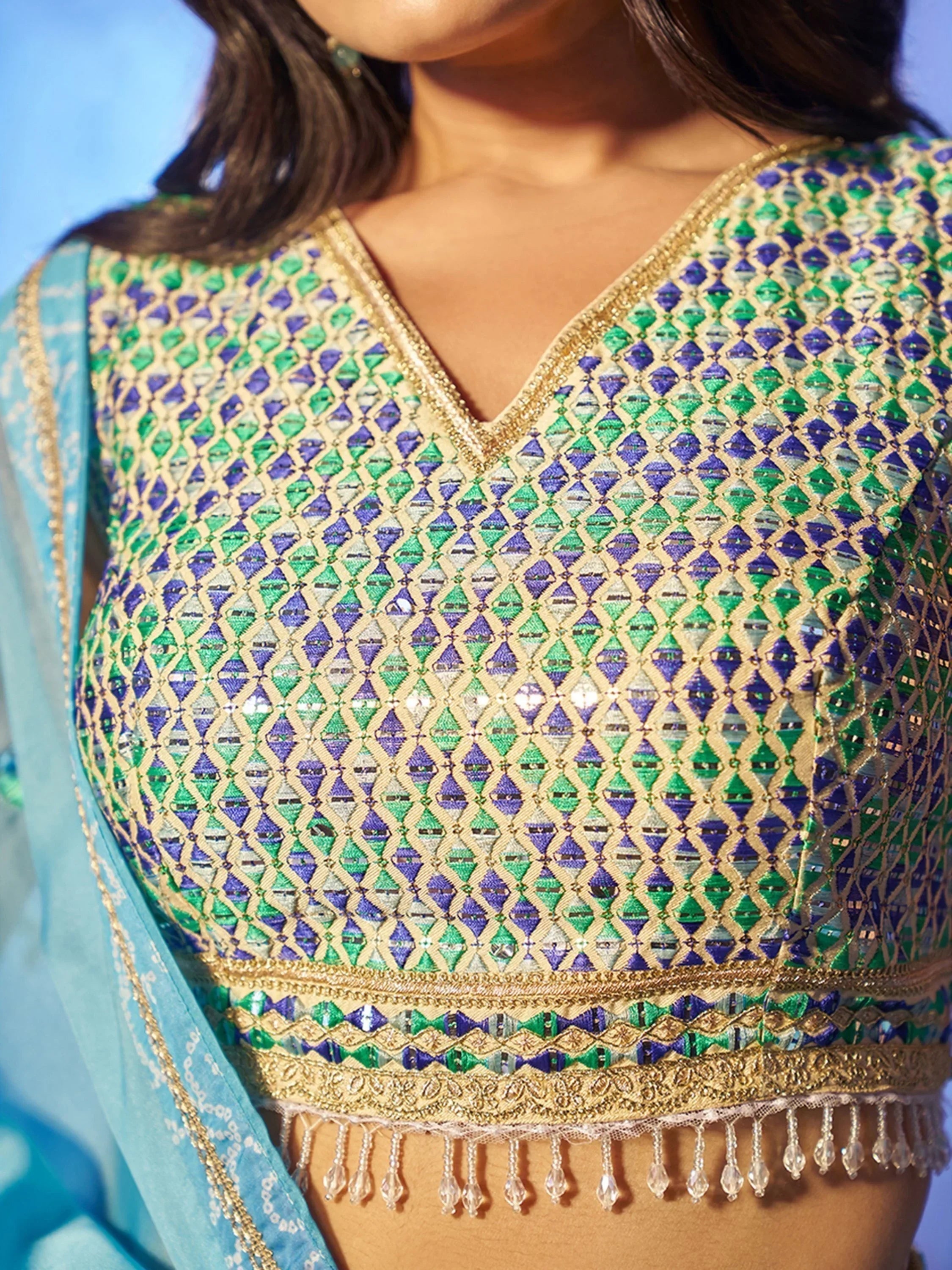 Alluring Blue Printed Organza Wedding Wear Lehenga Choli With Dupatta