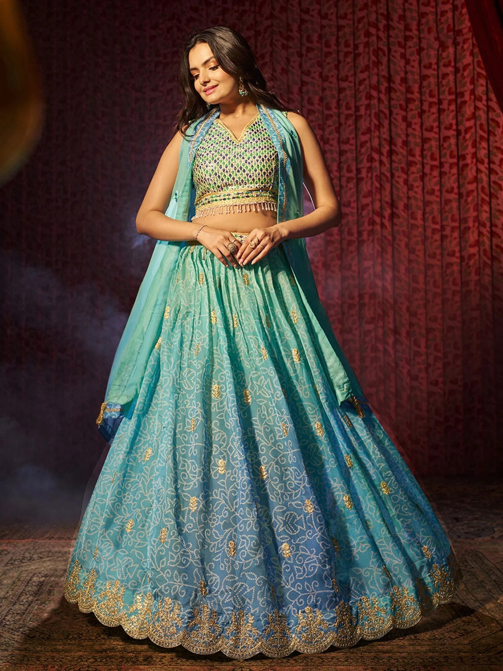 Alluring Blue Printed Organza Wedding Wear Lehenga Choli With Dupatta