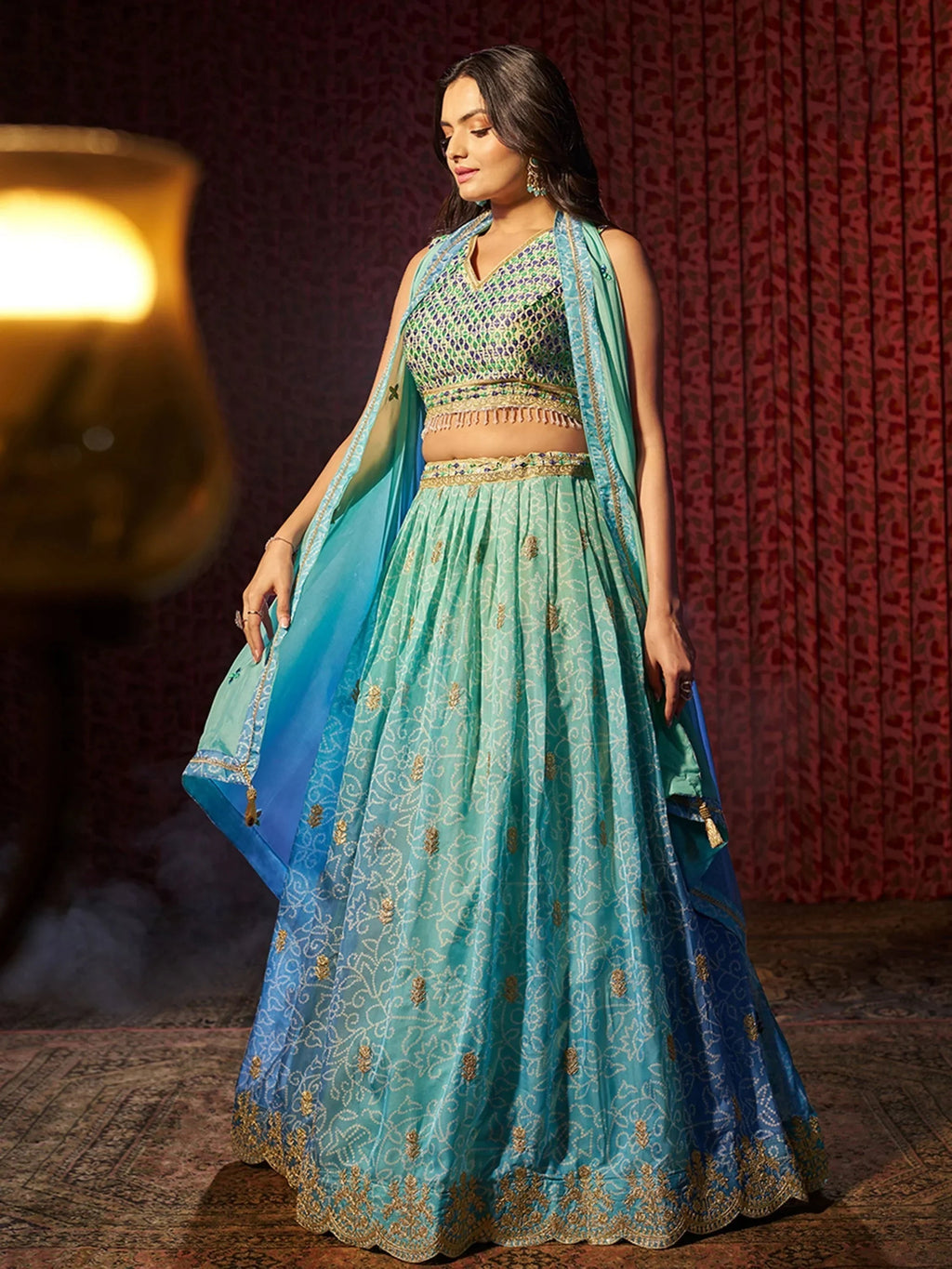 Alluring Blue Printed Organza Wedding Wear Lehenga Choli With Dupatta