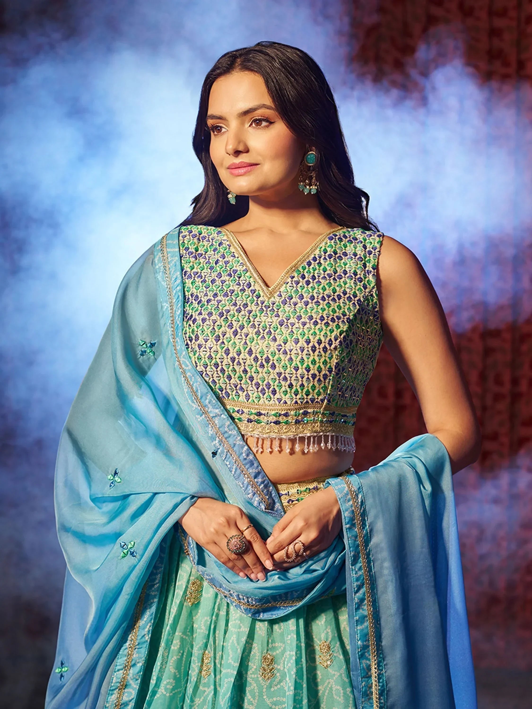 Alluring Blue Printed Organza Wedding Wear Lehenga Choli With Dupatta