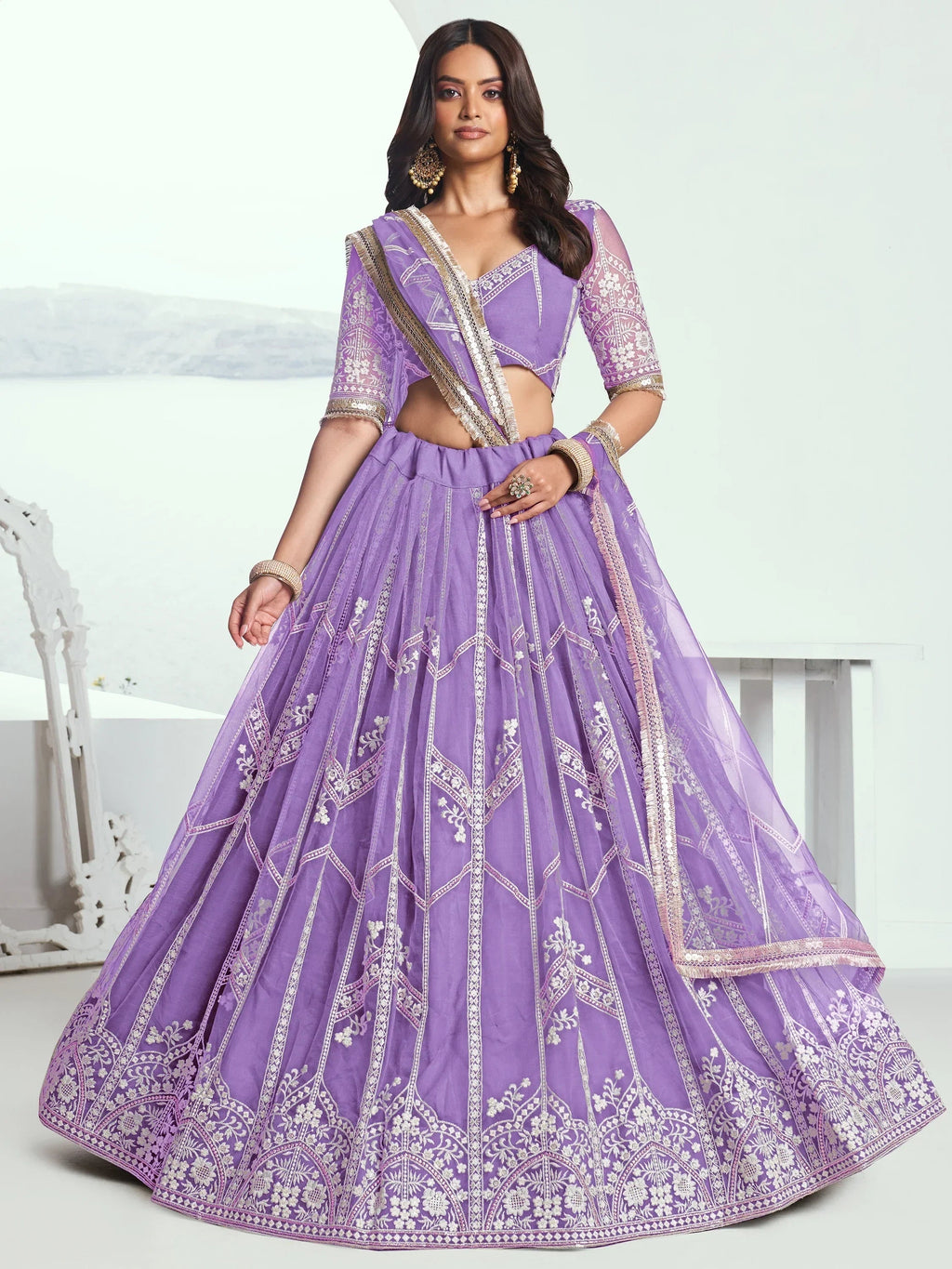 Alluring Lavender Thread Work Net Engagement Wear Lehenga Choli