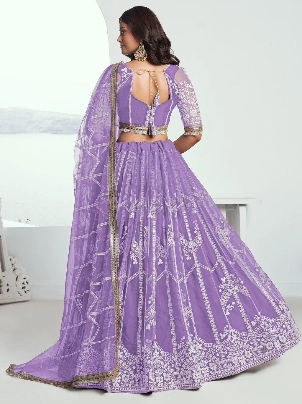 Alluring Lavender Thread Work Net Engagement Wear Lehenga Choli