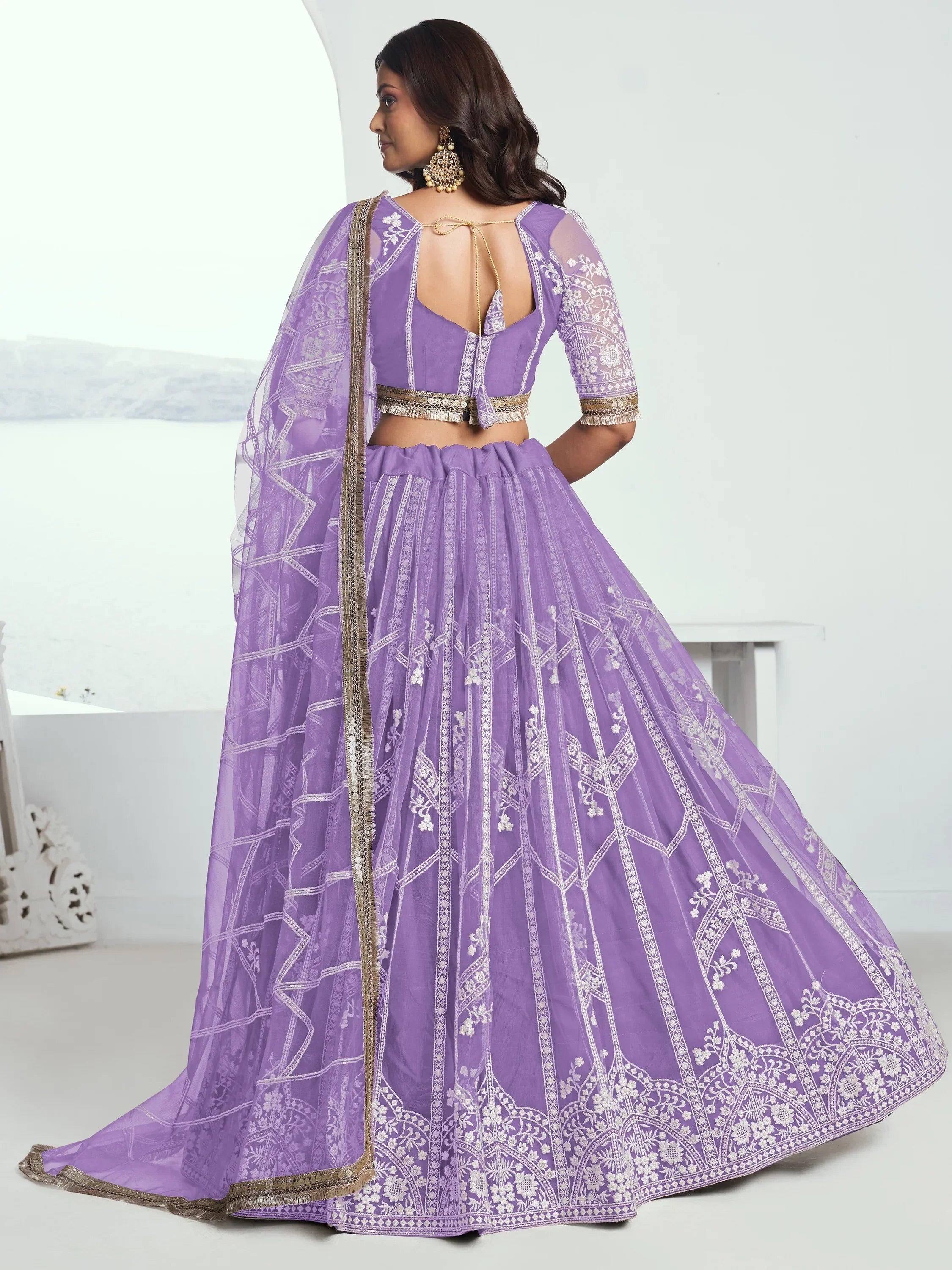 Alluring Lavender Thread Work Net Engagement Wear Lehenga Choli