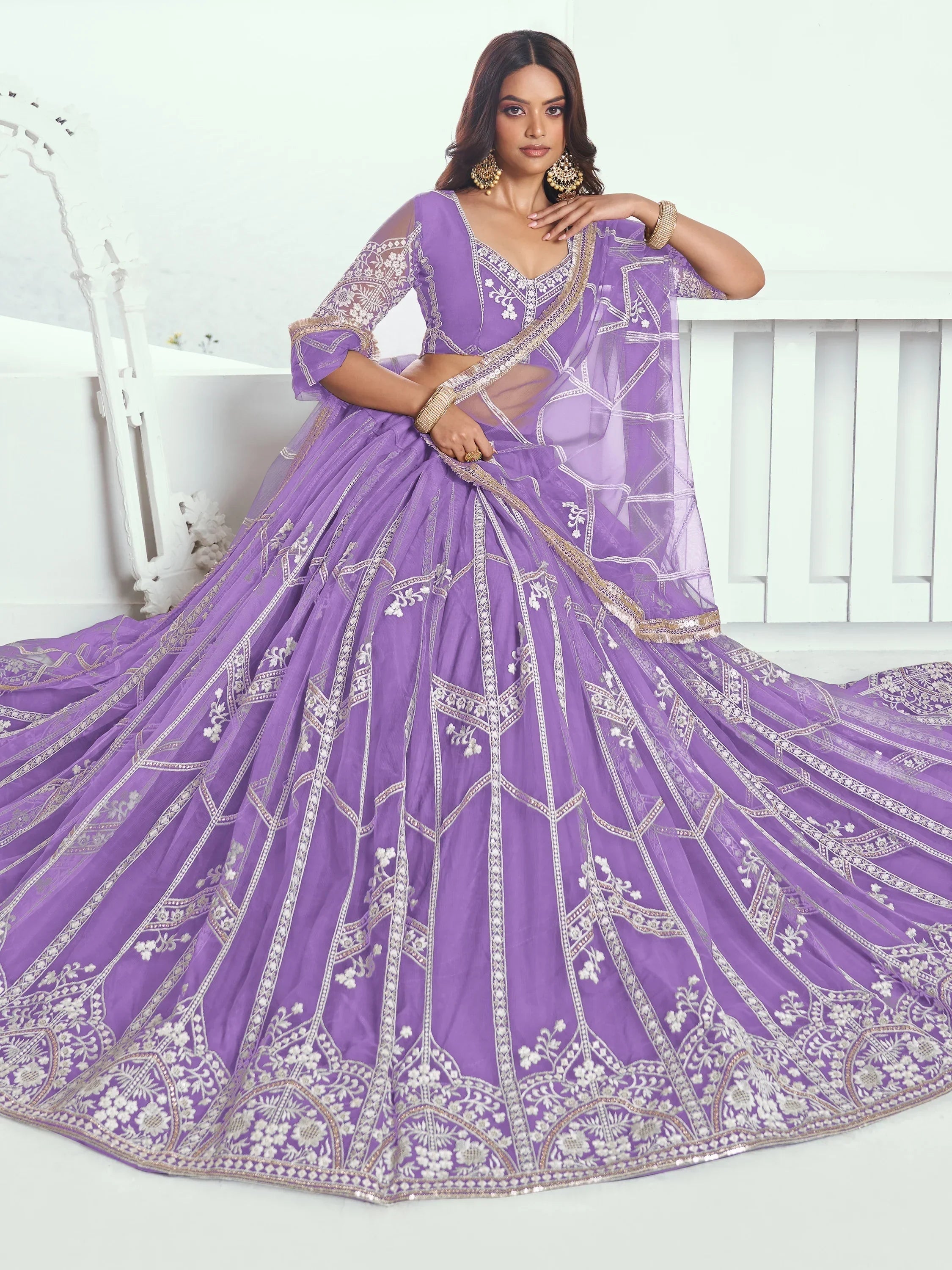 Alluring Lavender Thread Work Net Engagement Wear Lehenga Choli