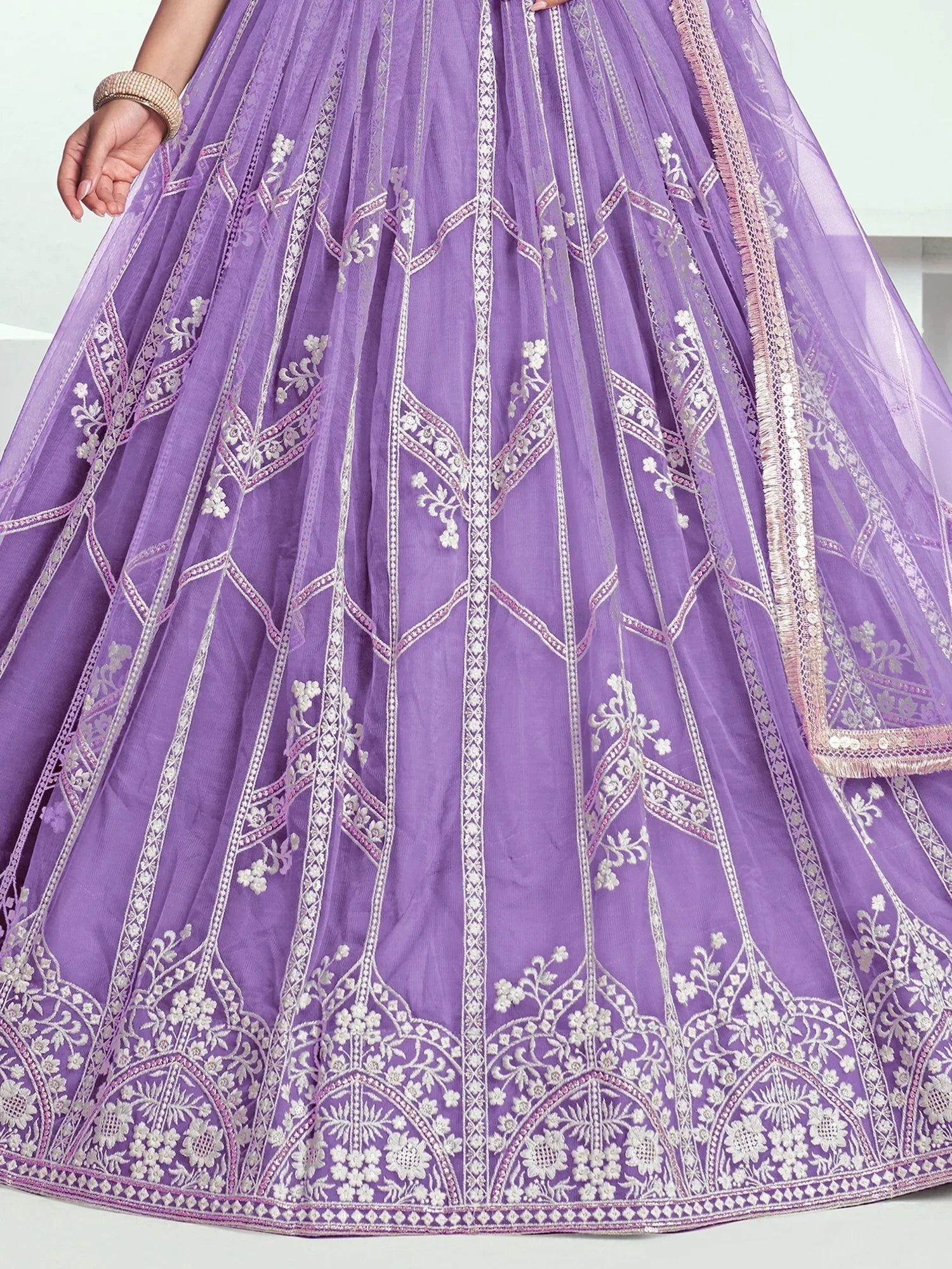 Alluring Lavender Thread Work Net Engagement Wear Lehenga Choli