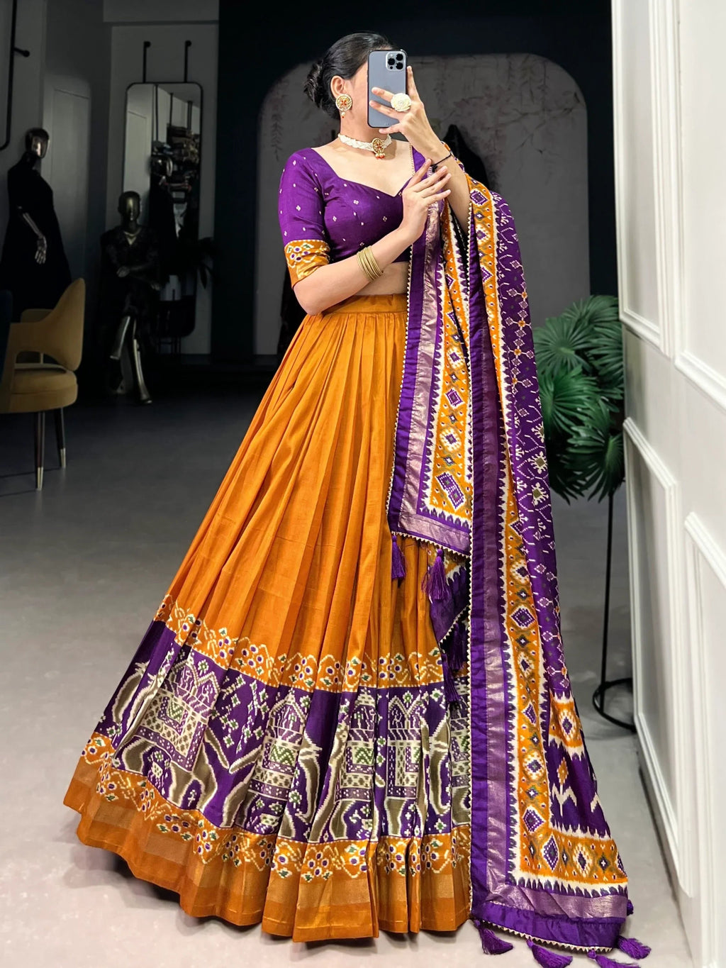 Orange Alluring Patola Printed Tussar Silk Traditional Lehenga Choli