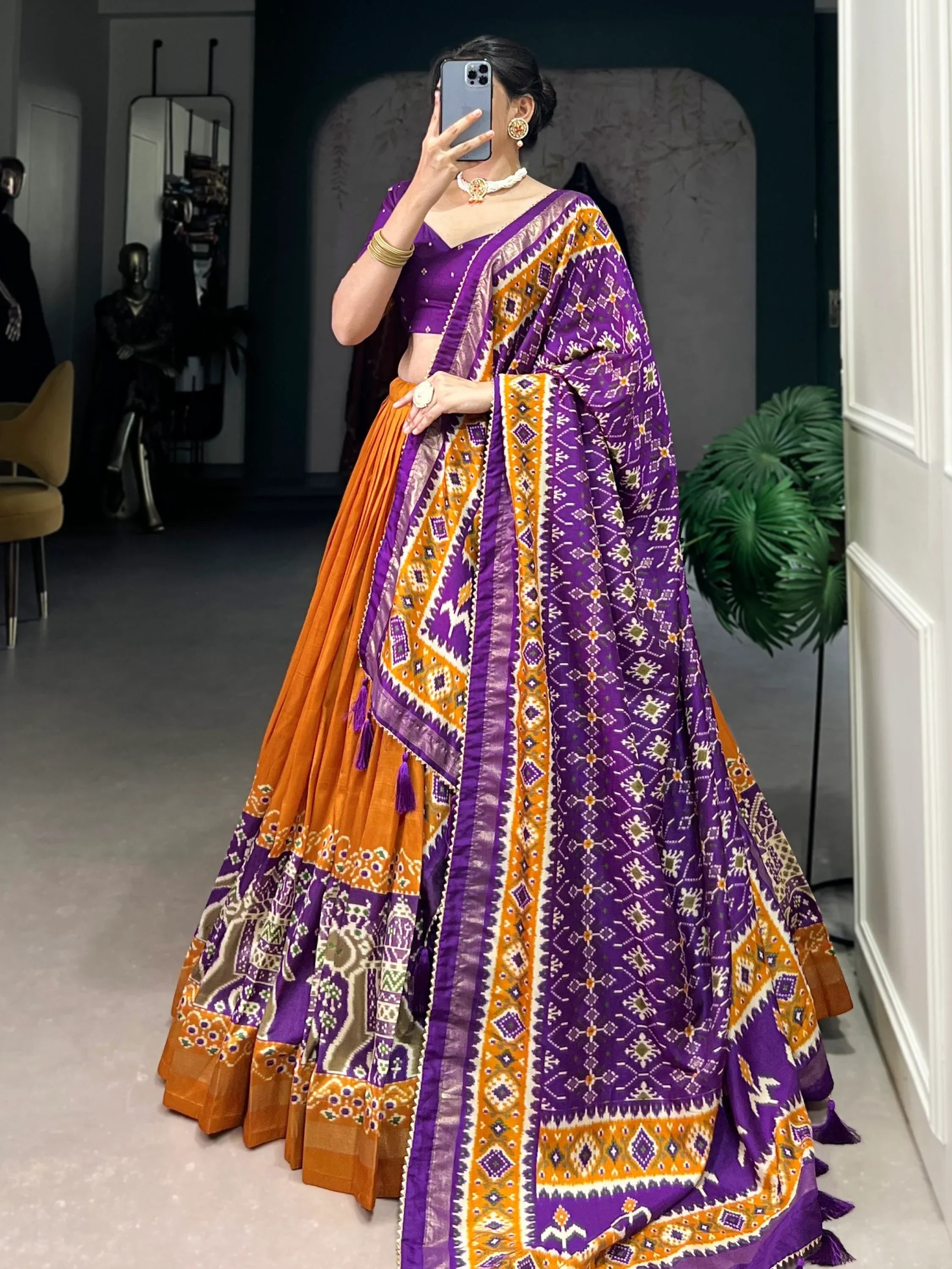 Orange Alluring Patola Printed Tussar Silk Traditional Lehenga Choli