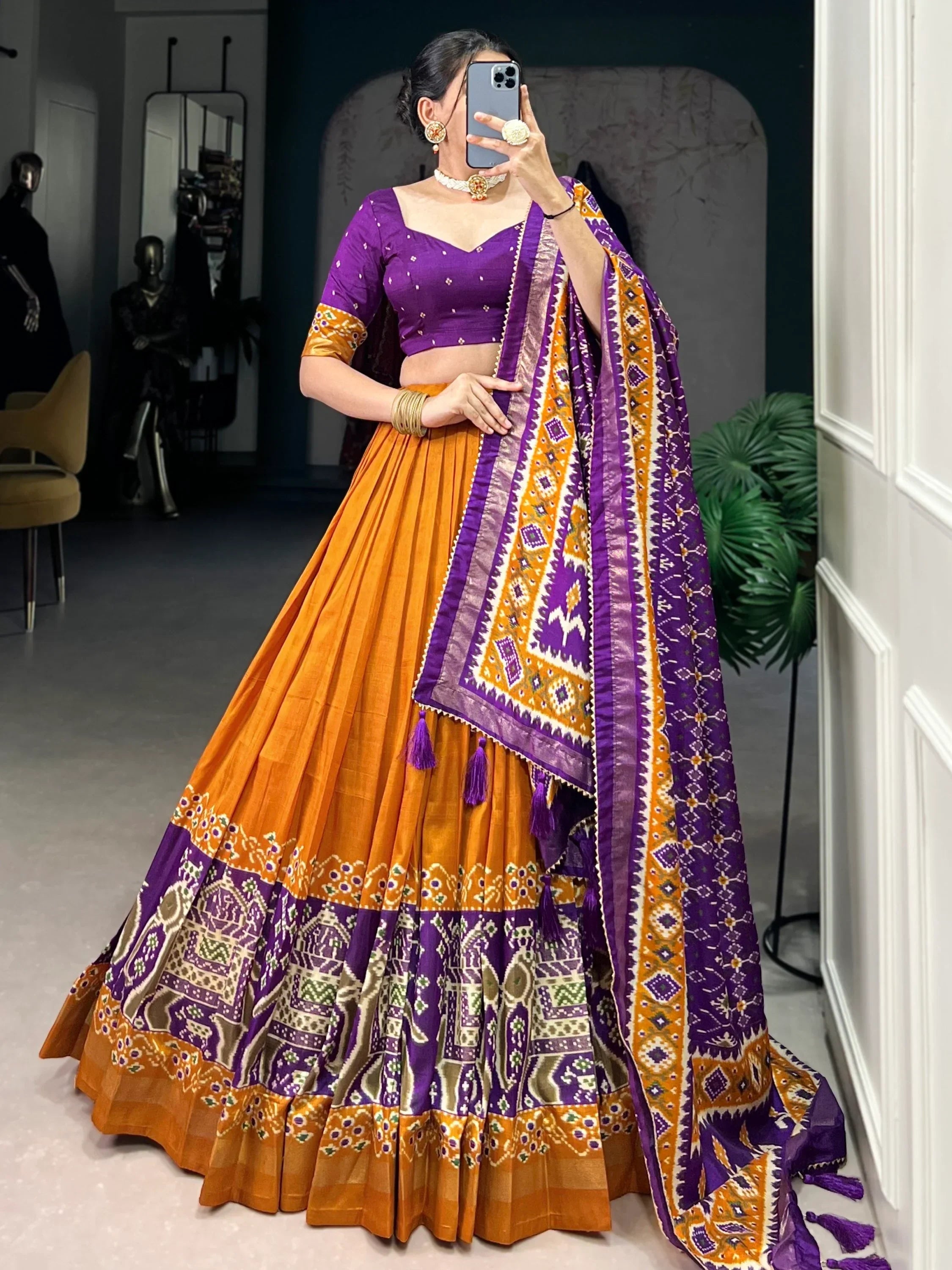 Orange Alluring Patola Printed Tussar Silk Traditional Lehenga Choli