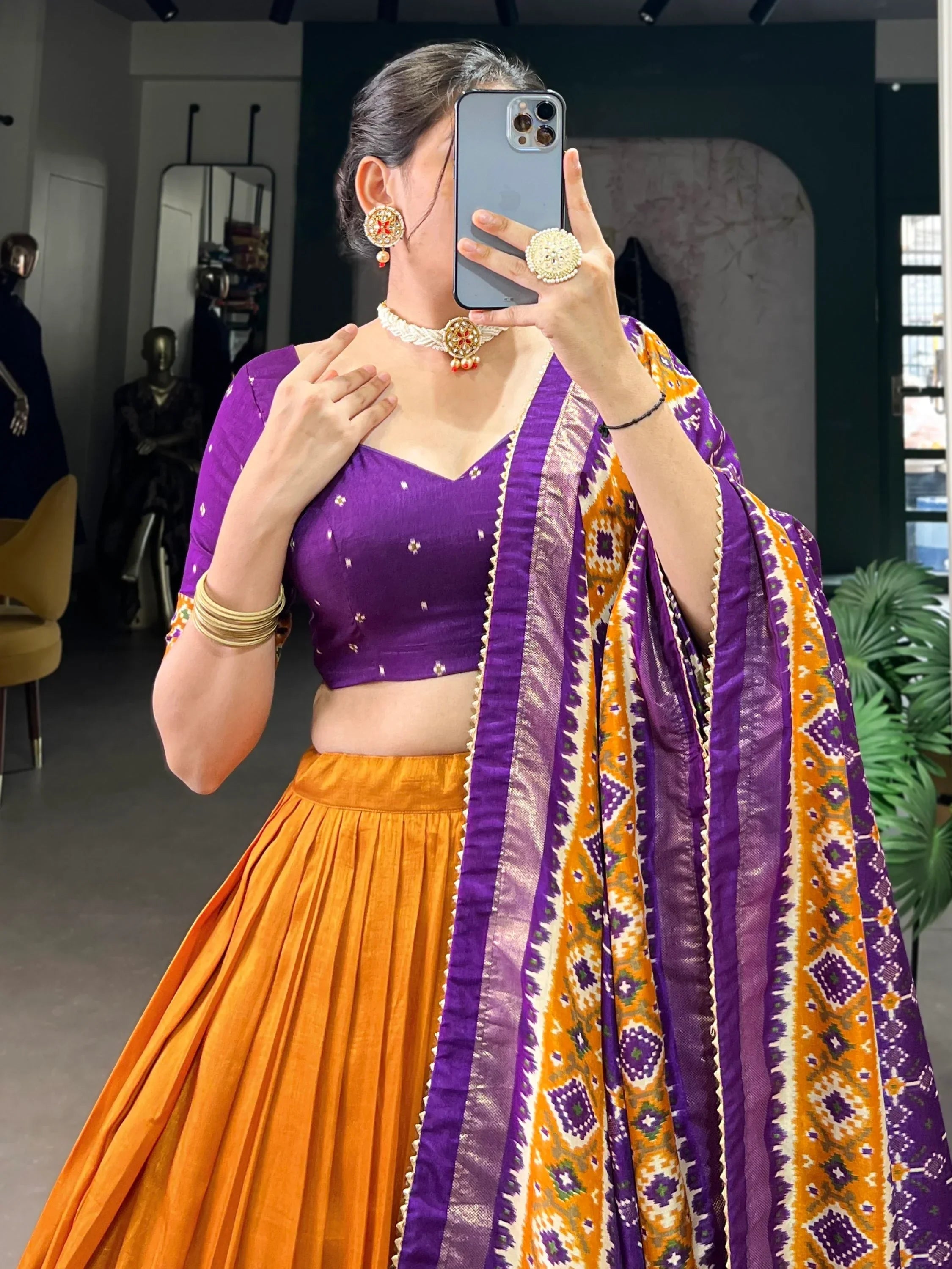 Orange Alluring Patola Printed Tussar Silk Traditional Lehenga Choli