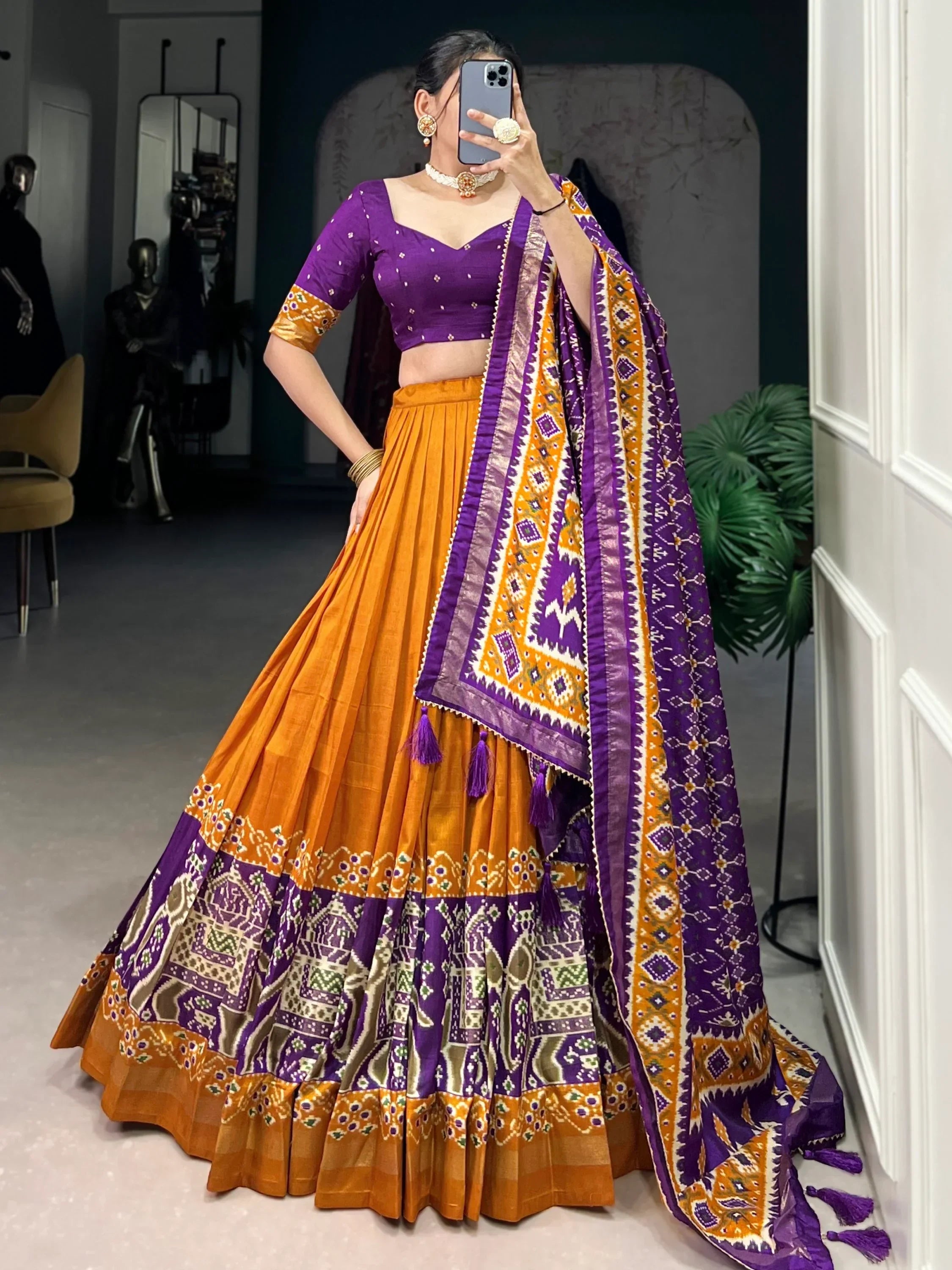 Orange Alluring Patola Printed Tussar Silk Traditional Lehenga Choli