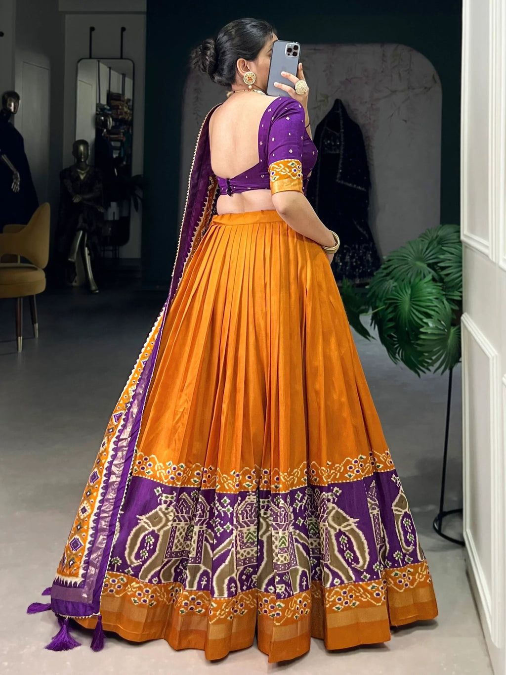 Orange Alluring Patola Printed Tussar Silk Traditional Lehenga Choli