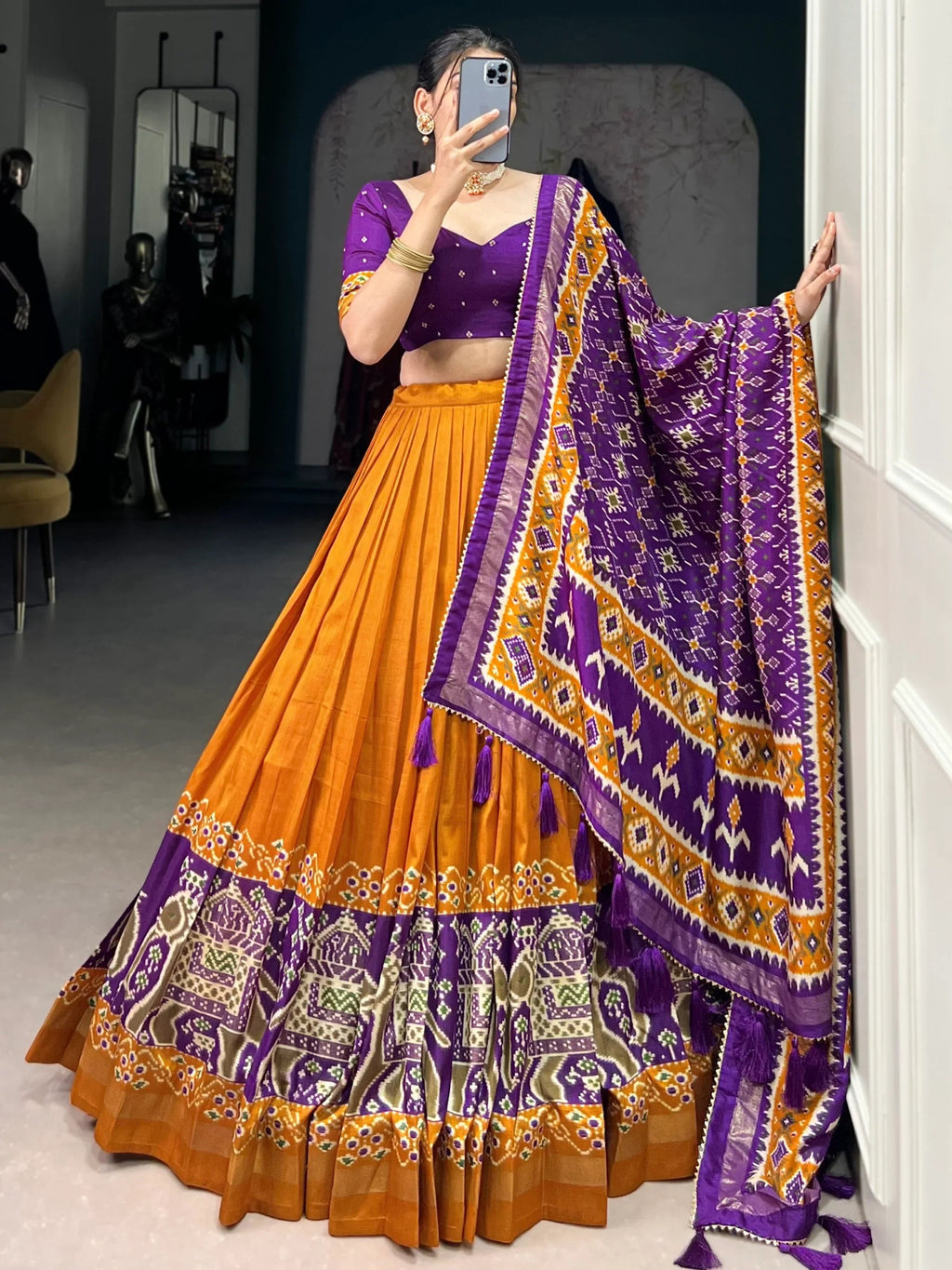 Orange Alluring Patola Printed Tussar Silk Traditional Lehenga Choli