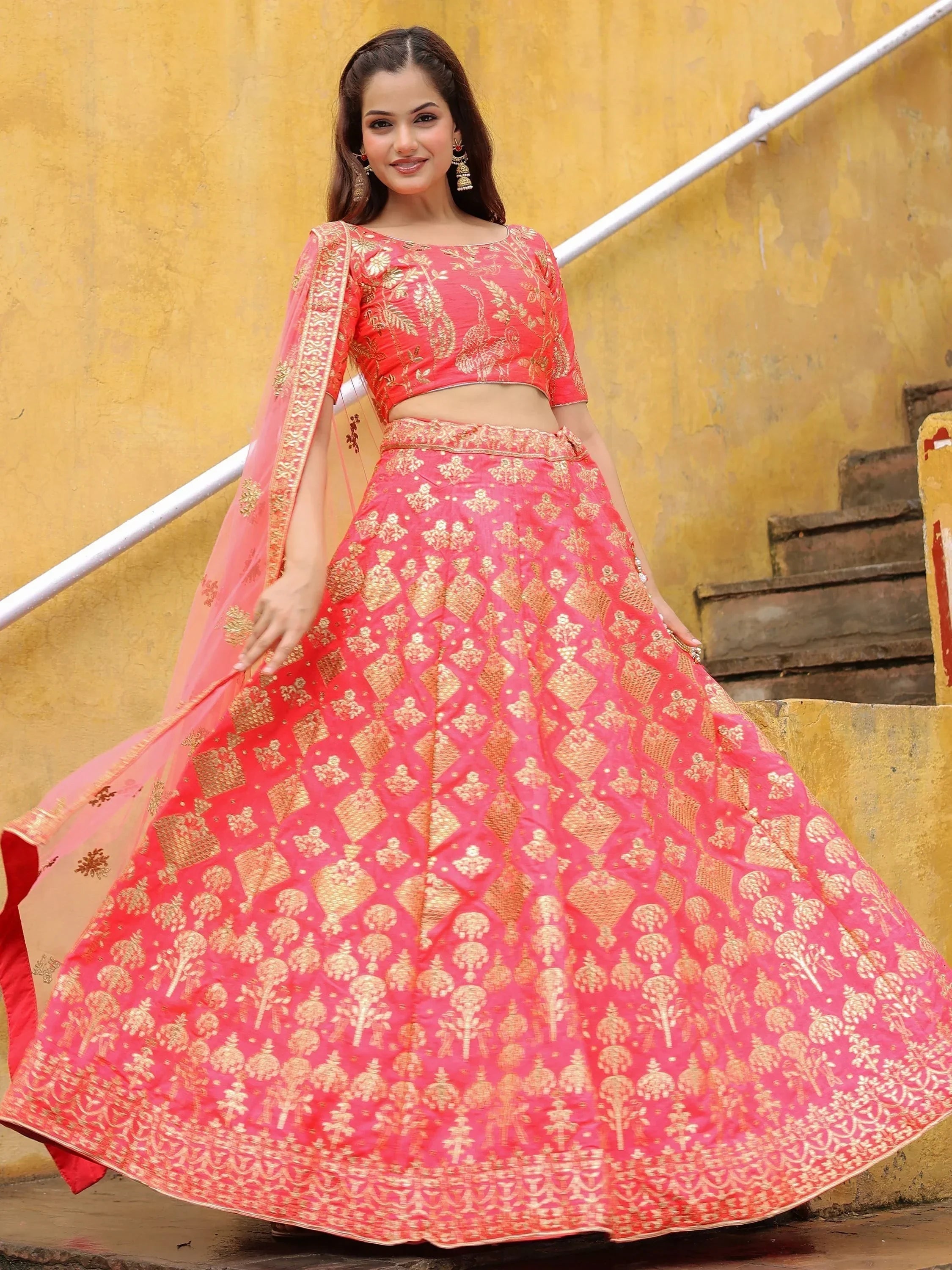 Peach Fascinating Embroidered Silk Bridal Lehenga Choli With Dupatta