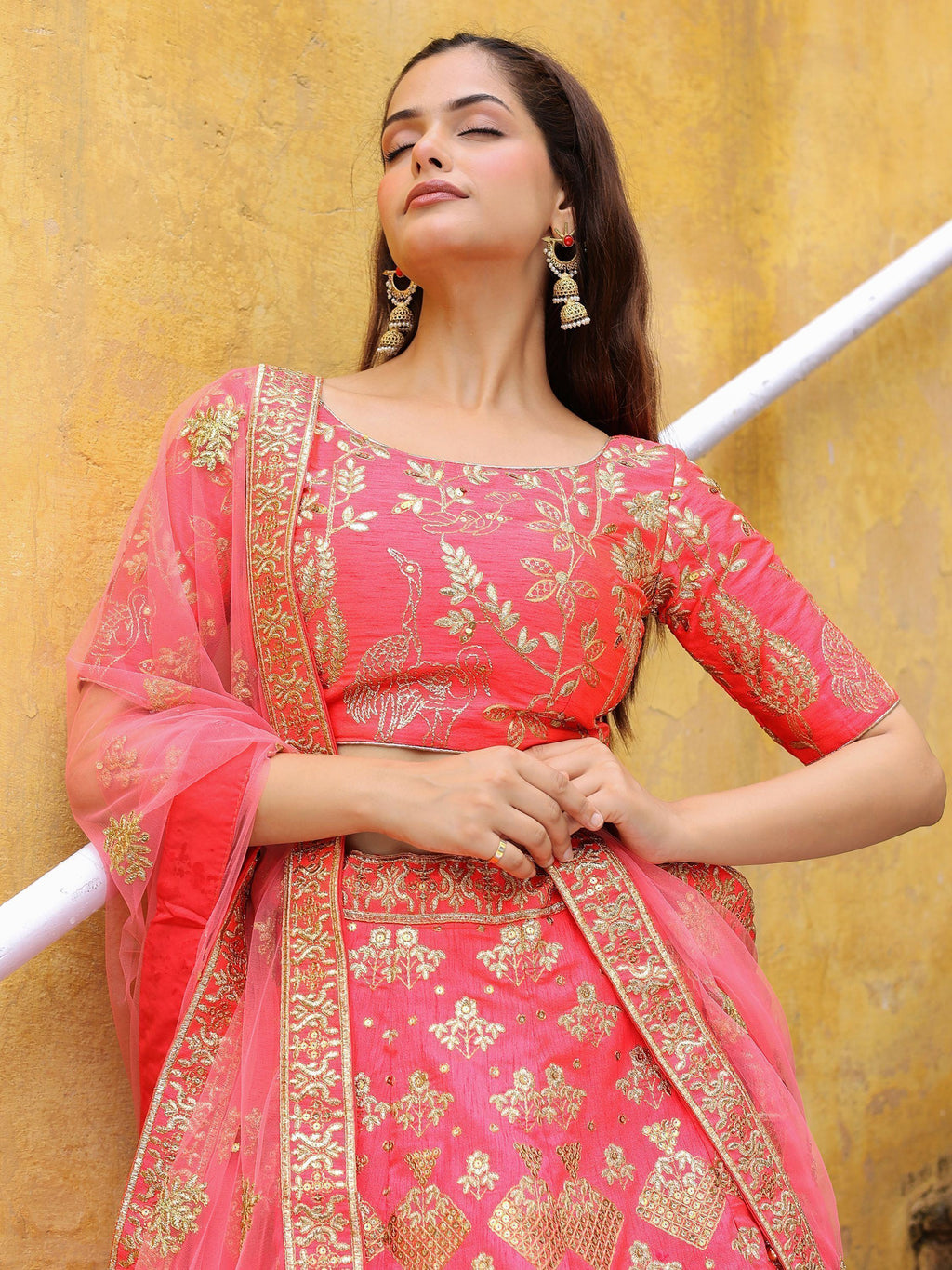 Peach Fascinating Embroidered Silk Bridal Lehenga Choli With Dupatta