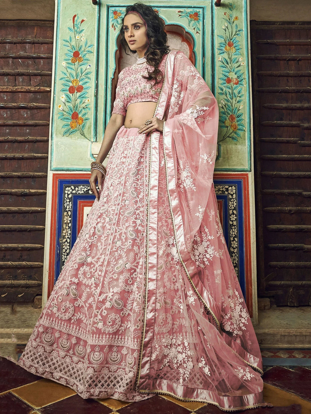 Alluring Peach Thread Work Net Bridesmaid Lehenga Choli With Dupatta