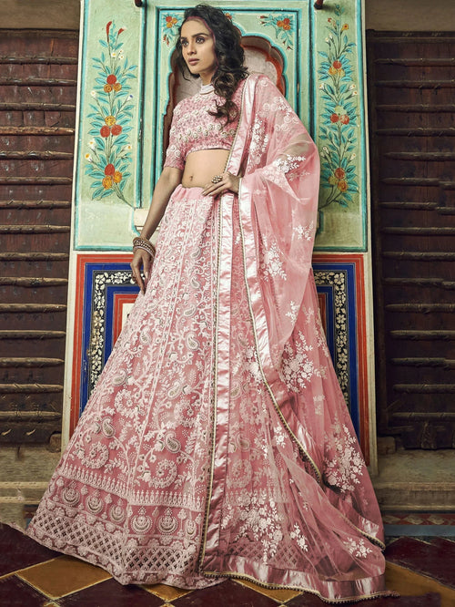 Alluring Peach Thread Work Net Bridesmaid Lehenga Choli With Dupatta