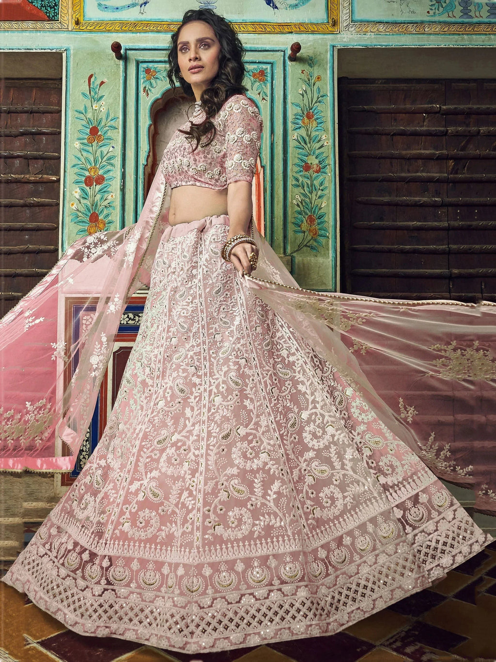 Alluring Peach Thread Work Net Bridesmaid Lehenga Choli With Dupatta