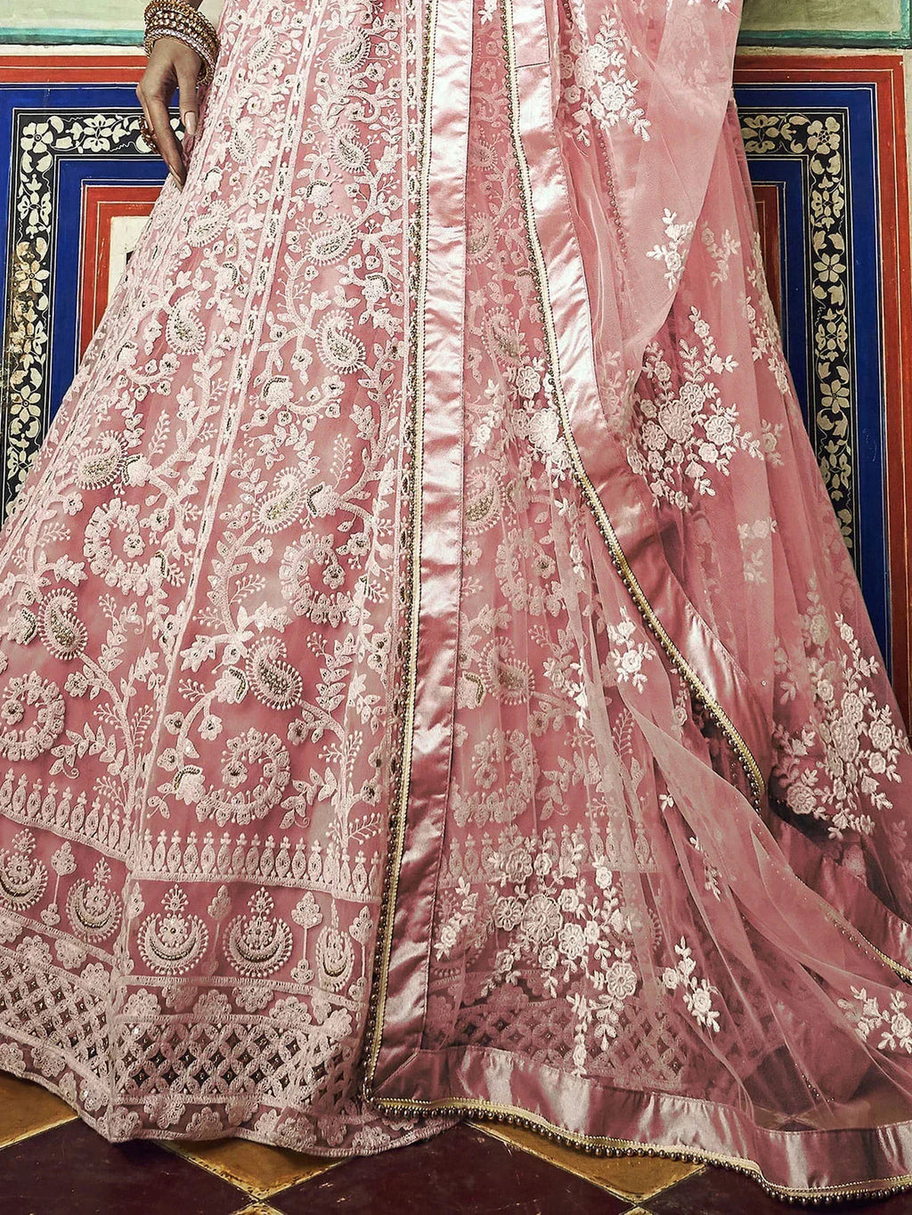 Alluring Peach Thread Work Net Bridesmaid Lehenga Choli With Dupatta