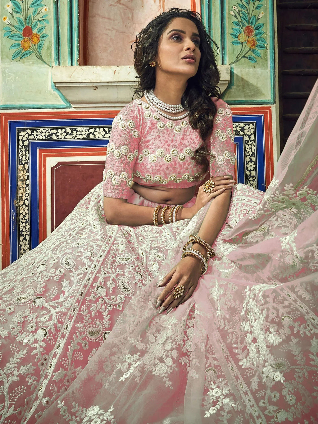 Alluring Peach Thread Work Net Bridesmaid Lehenga Choli With Dupatta