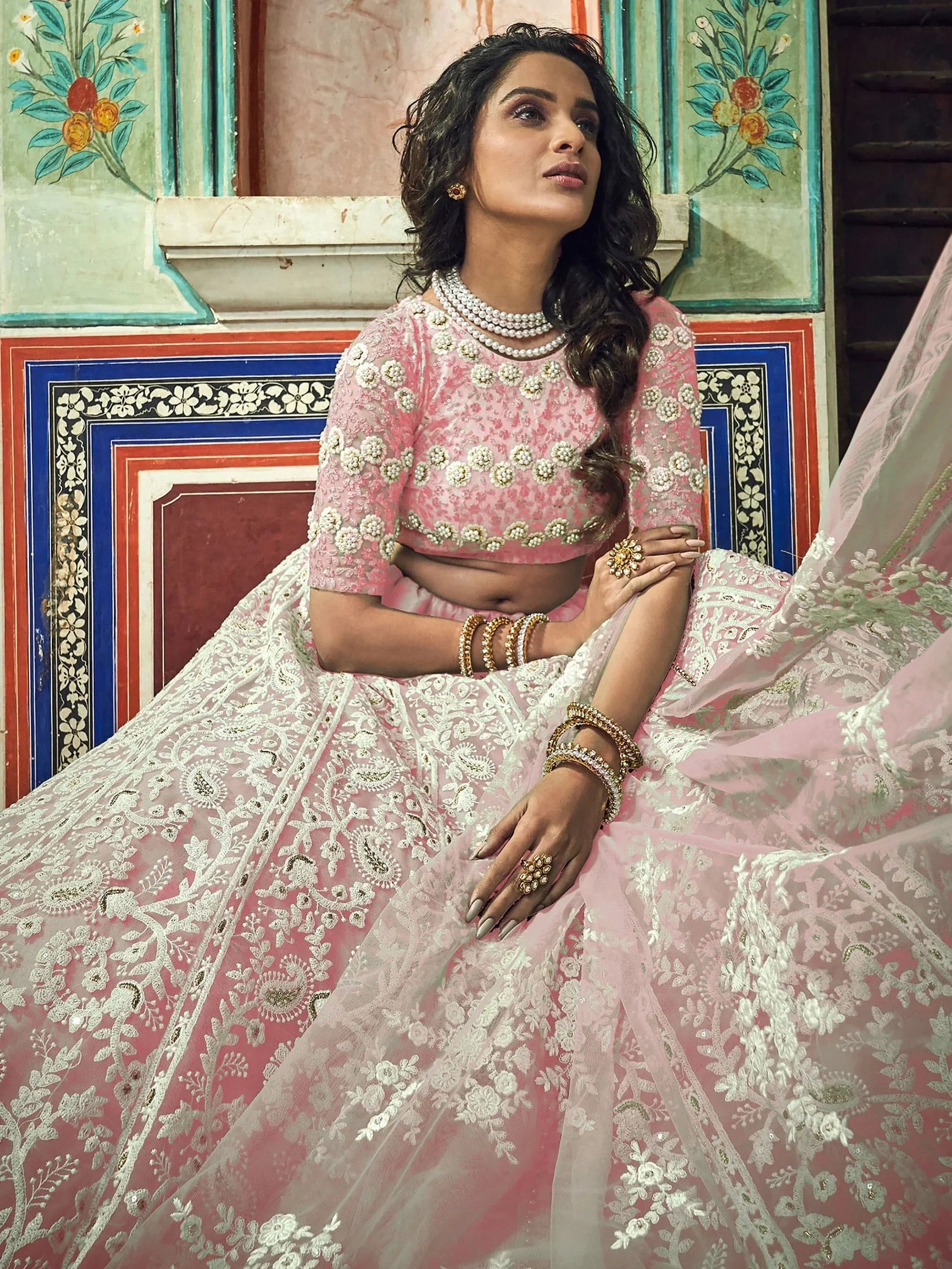 Alluring Peach Thread Work Net Bridesmaid Lehenga Choli With Dupatta