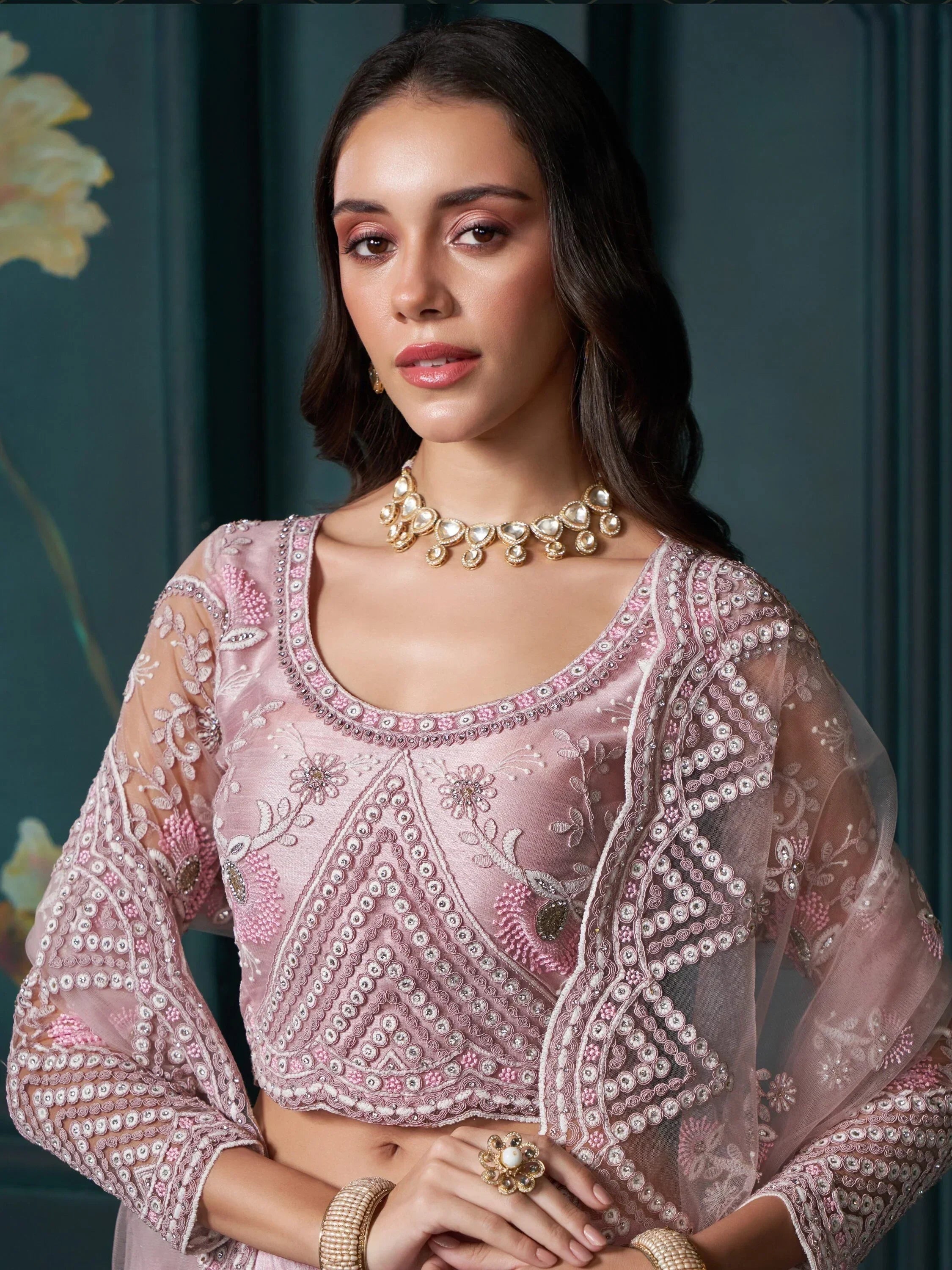 Alluring Pink Color Embroidered Net Bridesmaid Lehenga Choli