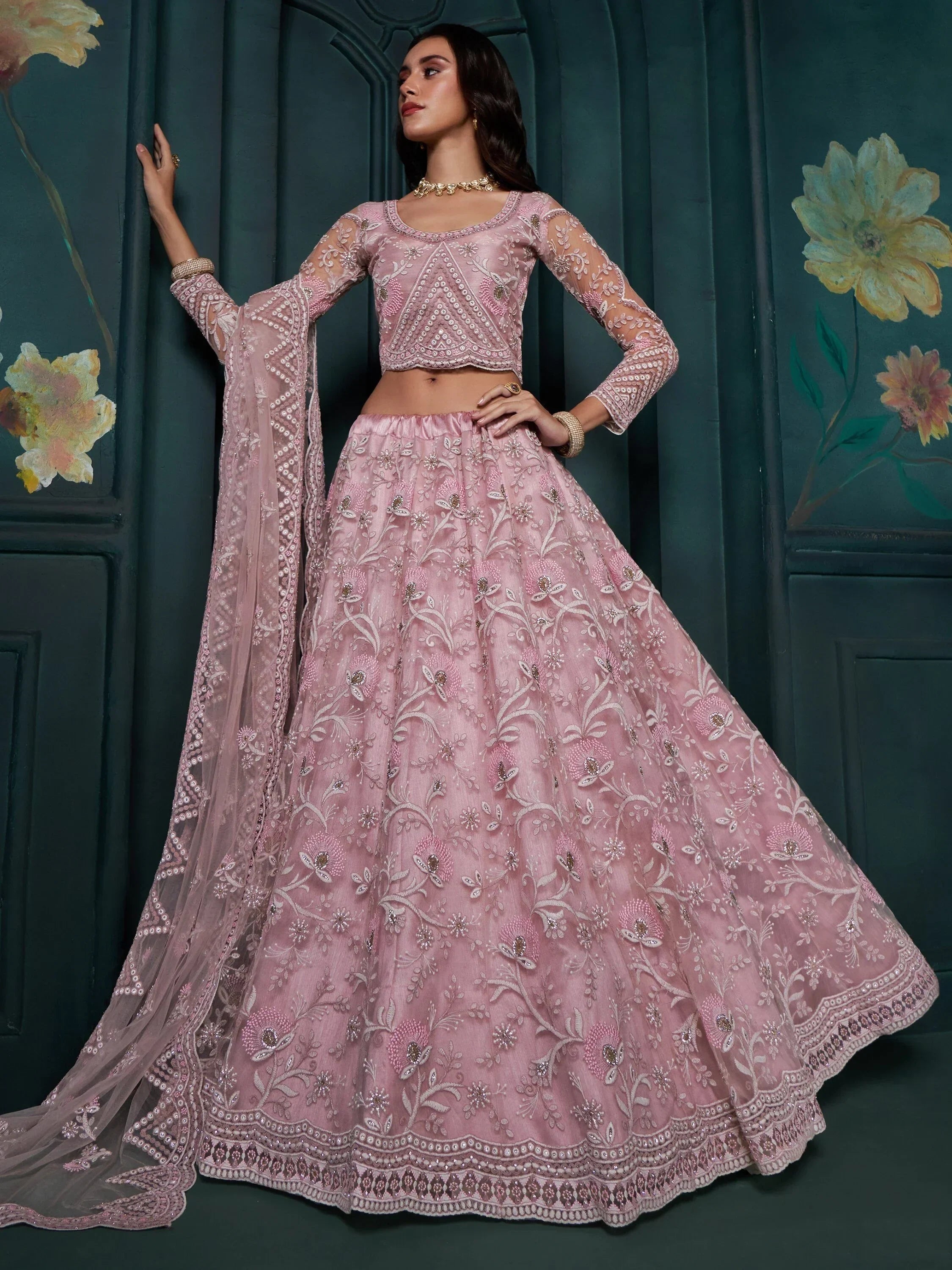 Alluring Pink Color Embroidered Net Bridesmaid Lehenga Choli