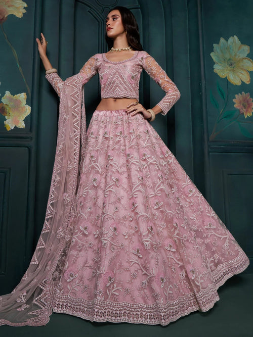Alluring Pink Color Embroidered Net Bridesmaid Lehenga Choli