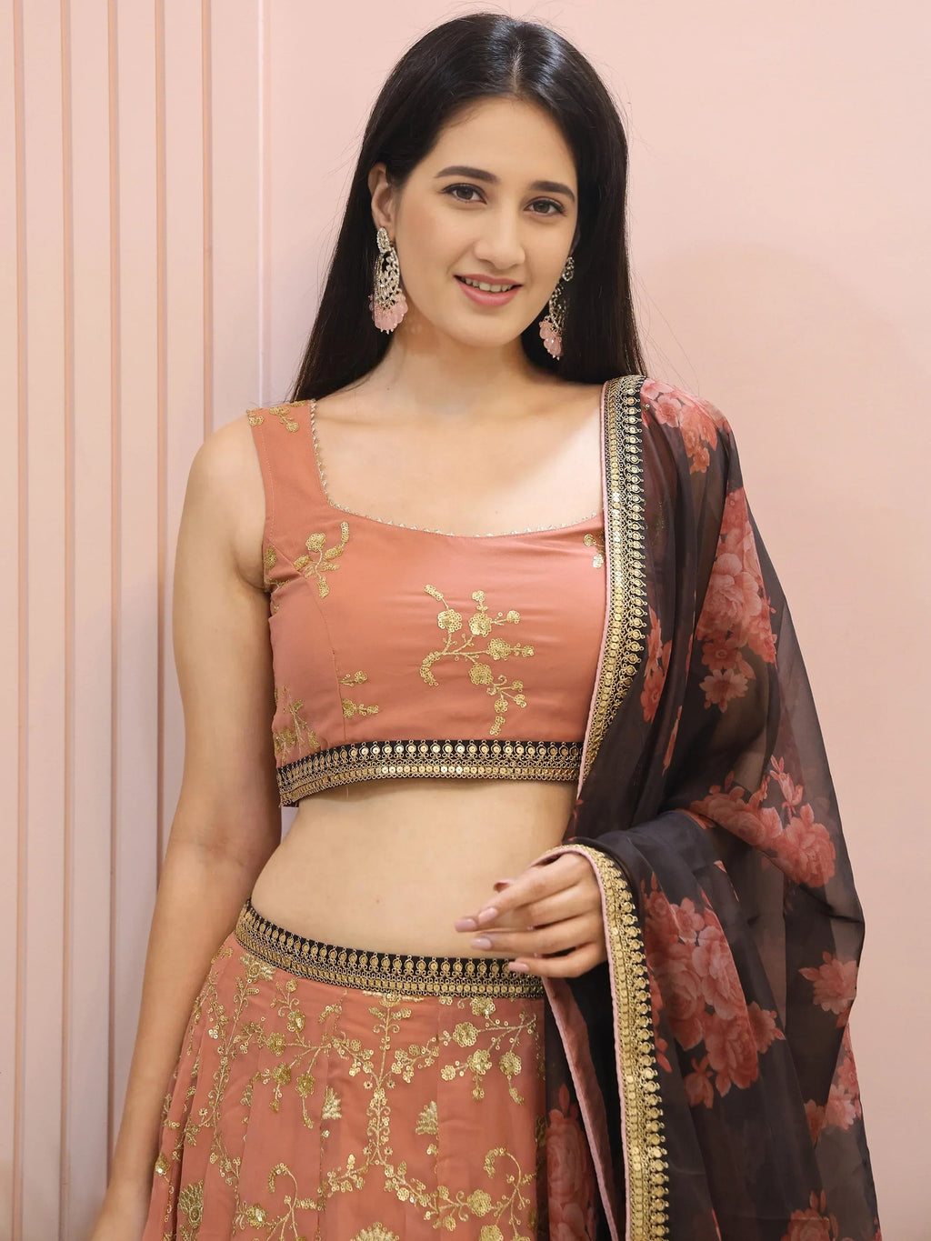 Alluring Pink Georgette Sequins Event Wear Lehenga Choli