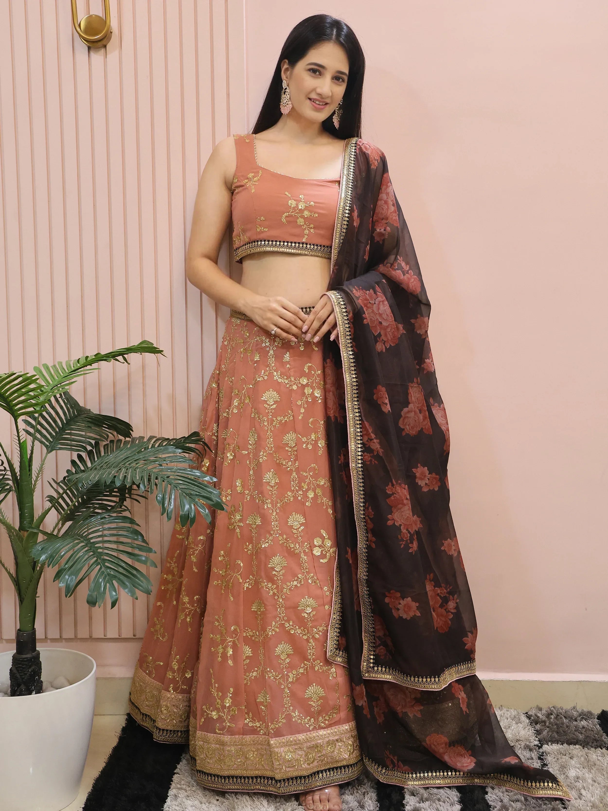 Alluring Pink Georgette Sequins Event Wear Lehenga Choli