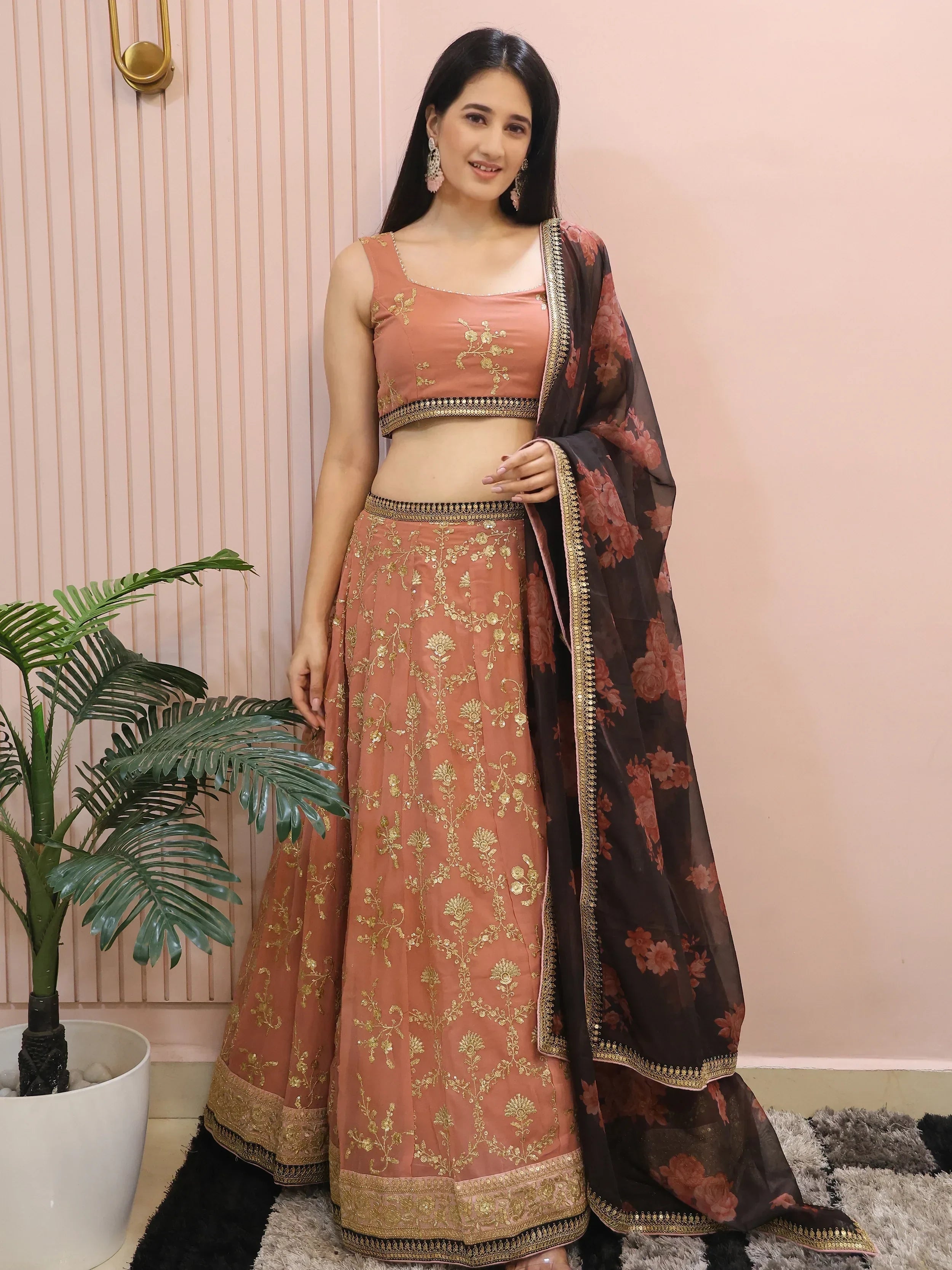 Alluring Pink Georgette Sequins Event Wear Lehenga Choli