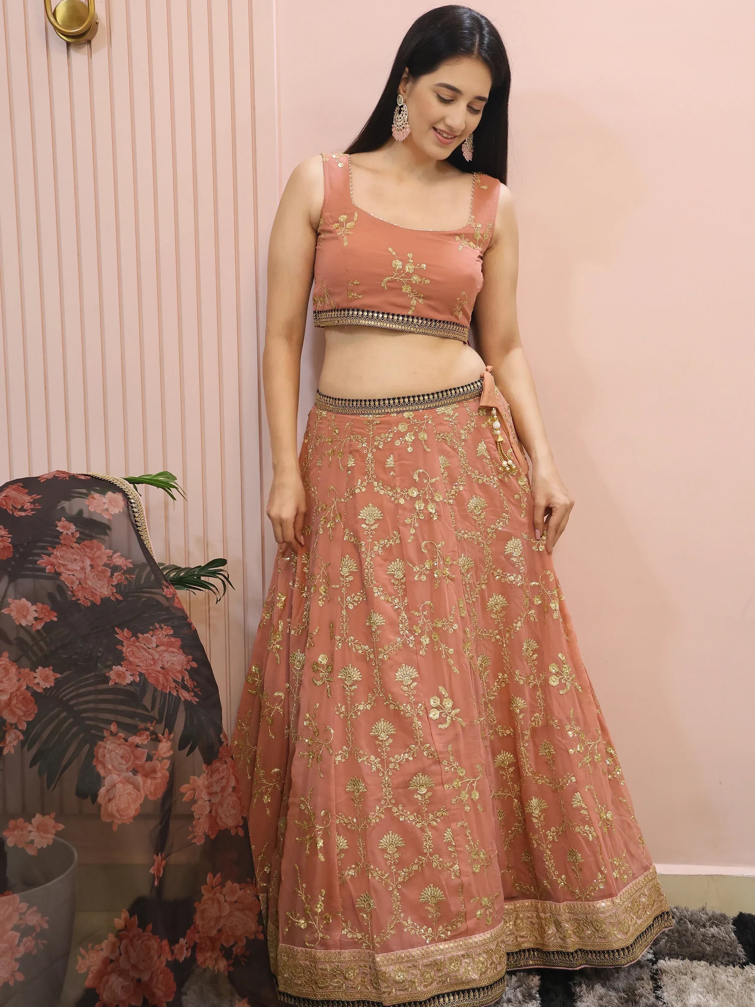 Alluring Pink Georgette Sequins Event Wear Lehenga Choli