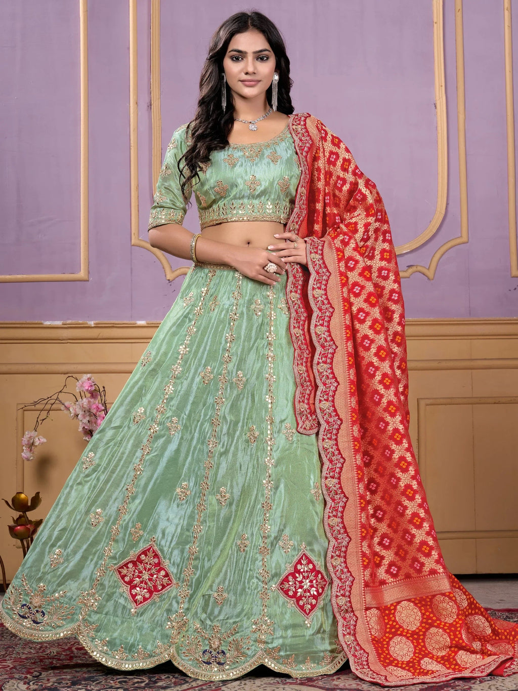 Alluring Pista Green Embroidered Viscose Lehenga Choli With Dupatta