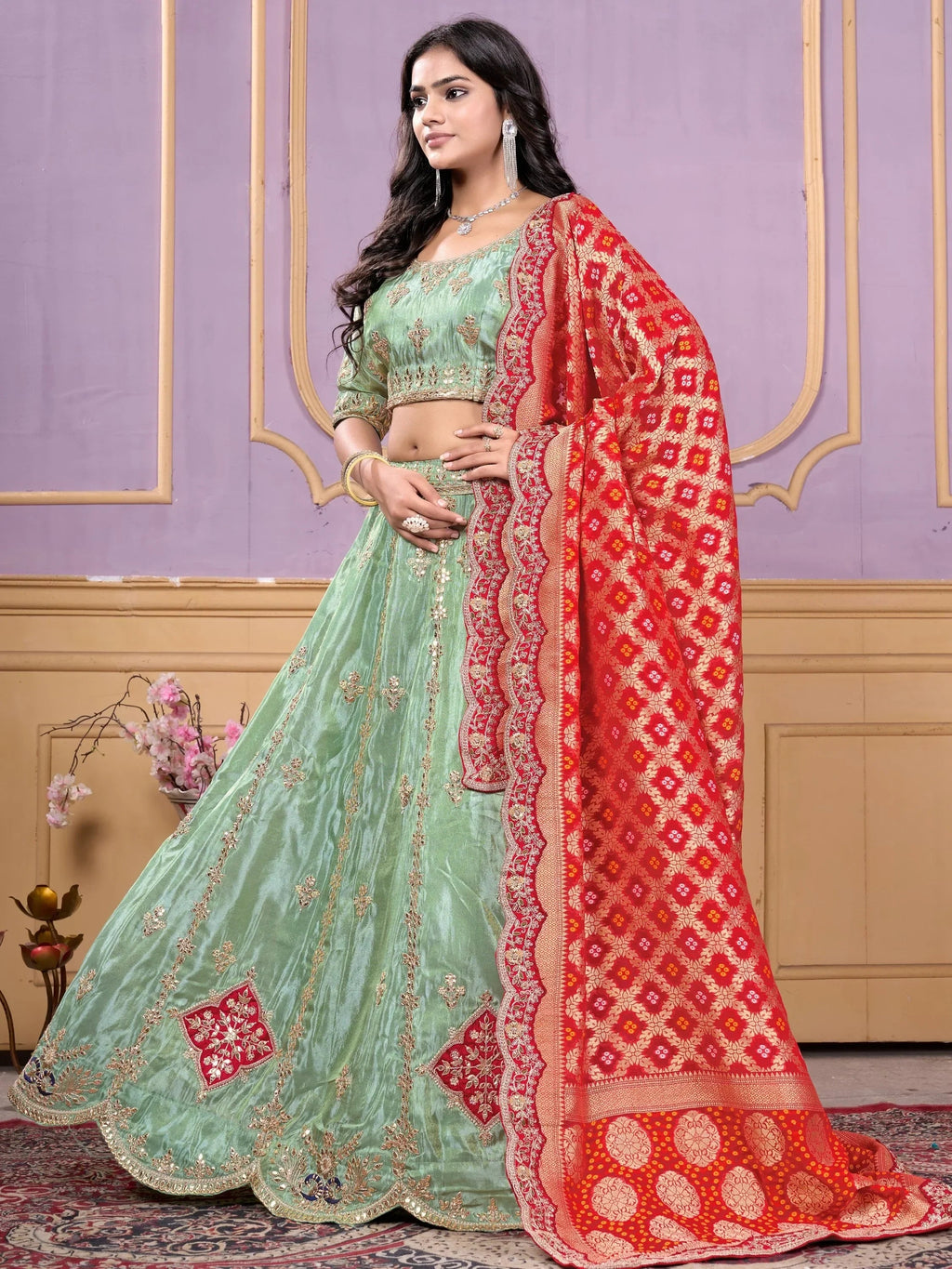 Alluring Pista Green Embroidered Viscose Lehenga Choli With Dupatta