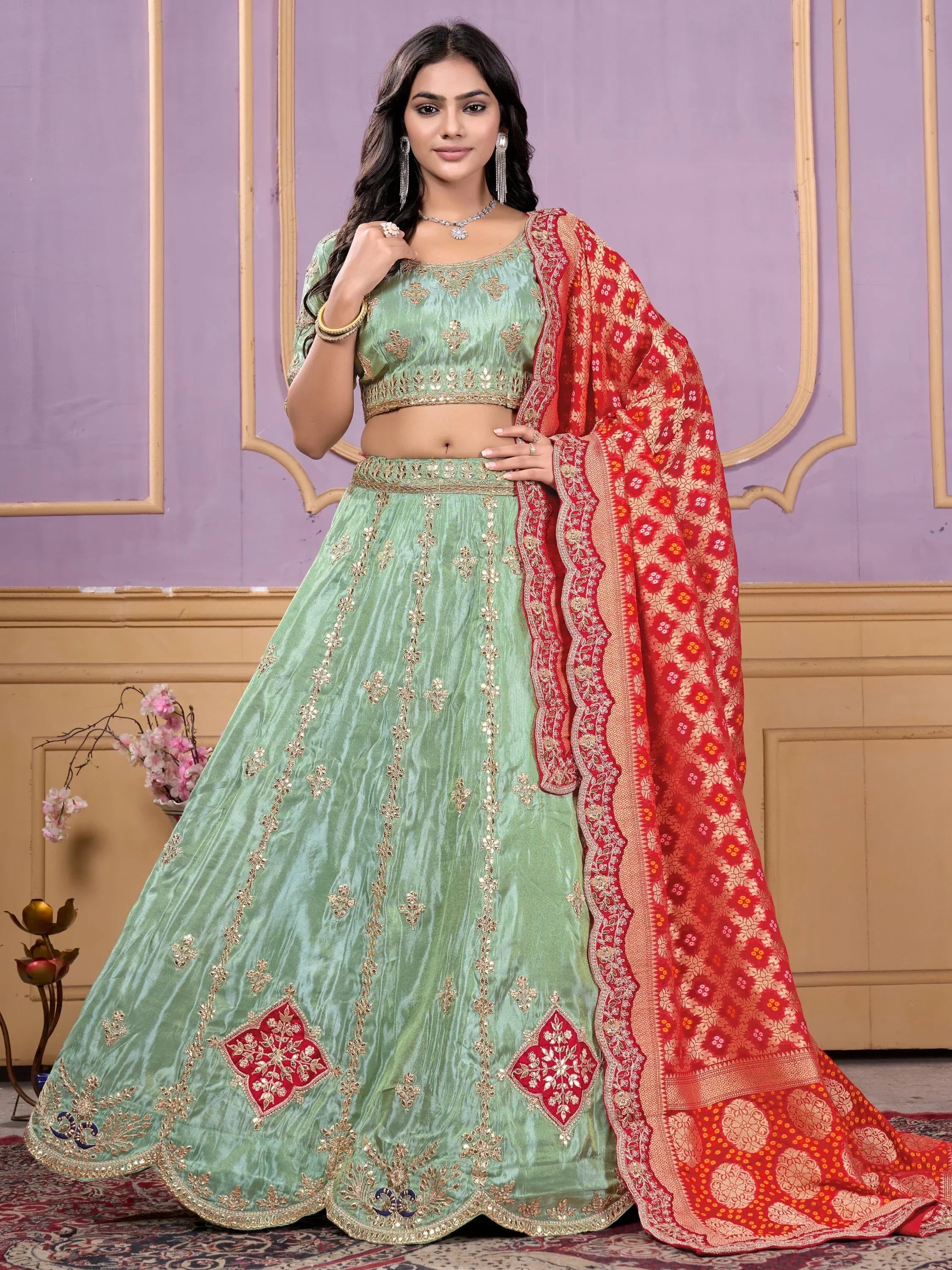 Alluring Pista Green Embroidered Viscose Lehenga Choli With Dupatta