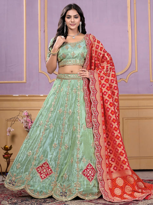 Alluring Pista Green Embroidered Viscose Lehenga Choli With Dupatta