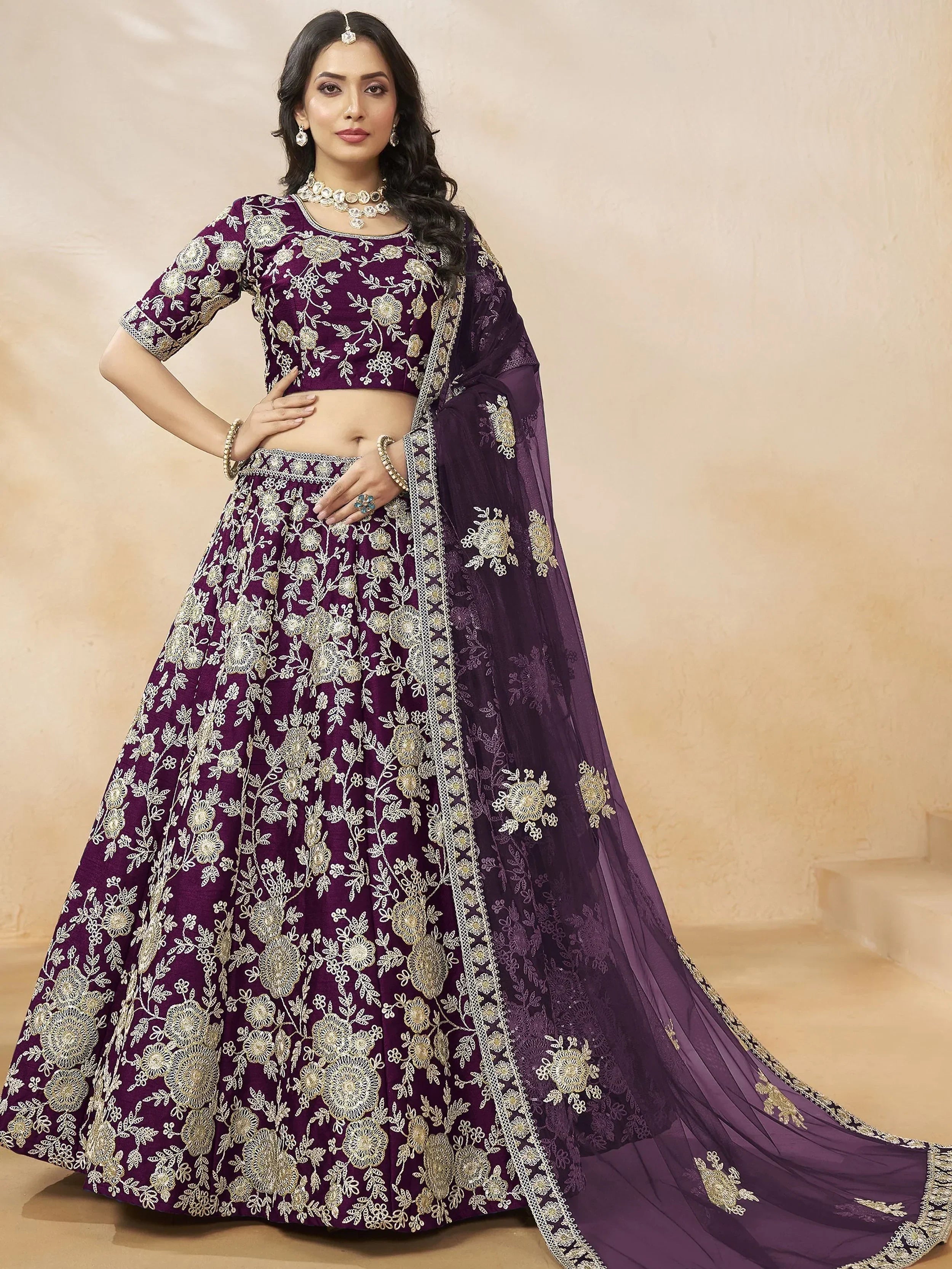 Purple Attractive Silk Embroidered Lehenga Choli With Dupatta