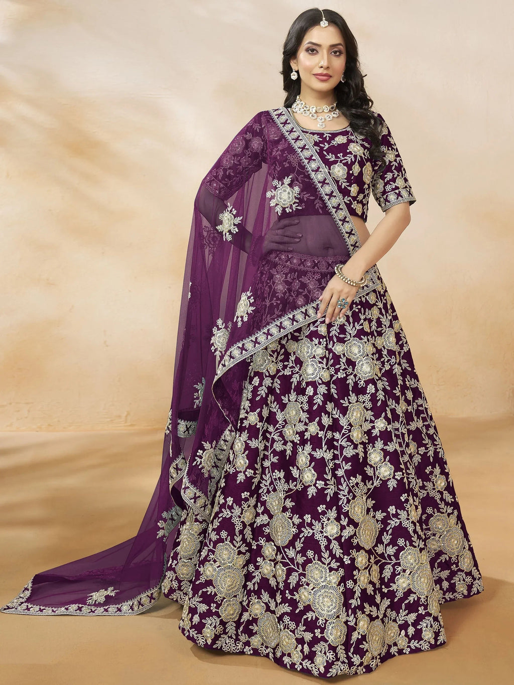 Purple Attractive Silk Embroidered Lehenga Choli With Dupatta