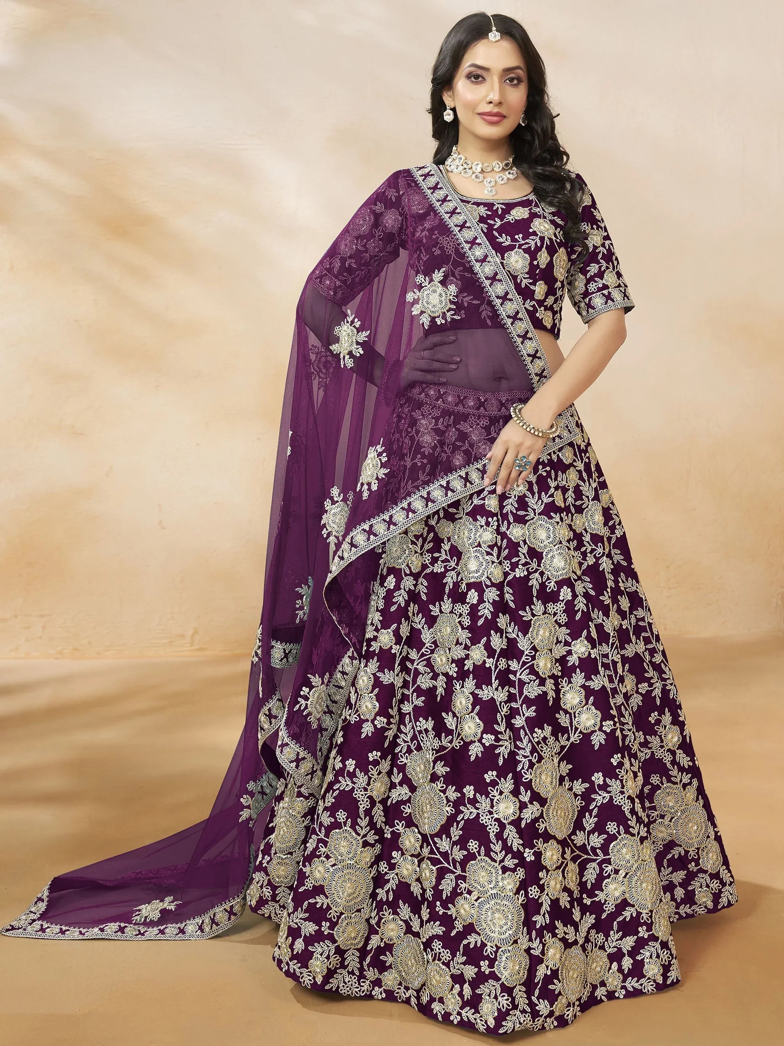 Purple Attractive Silk Embroidered Lehenga Choli With Dupatta