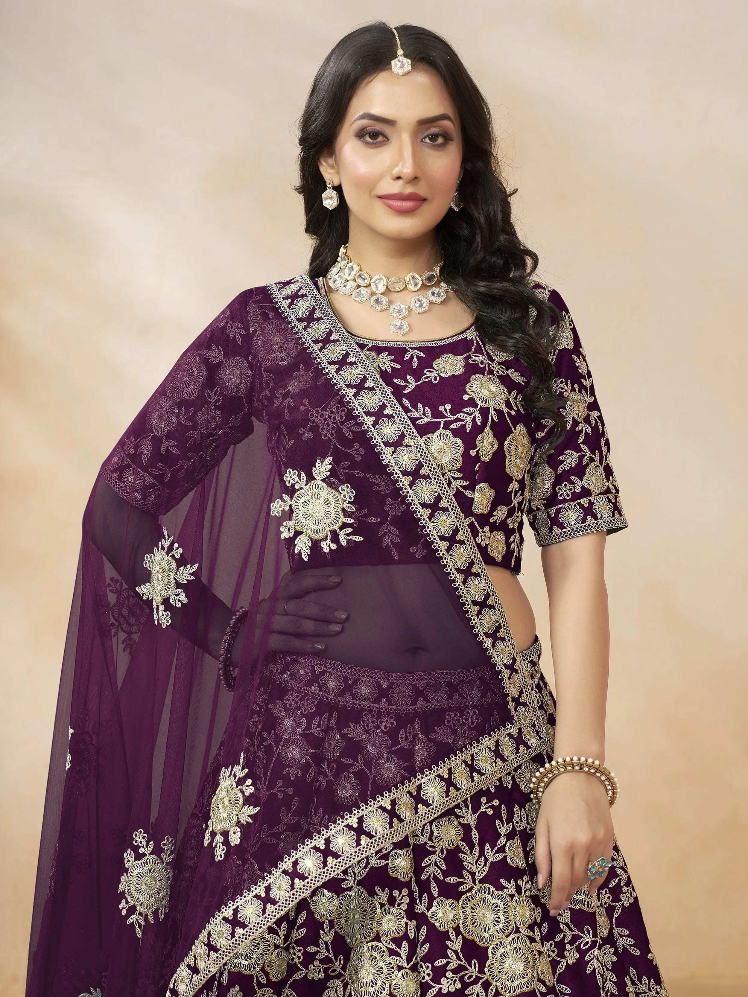 Purple Attractive Silk Embroidered Lehenga Choli With Dupatta