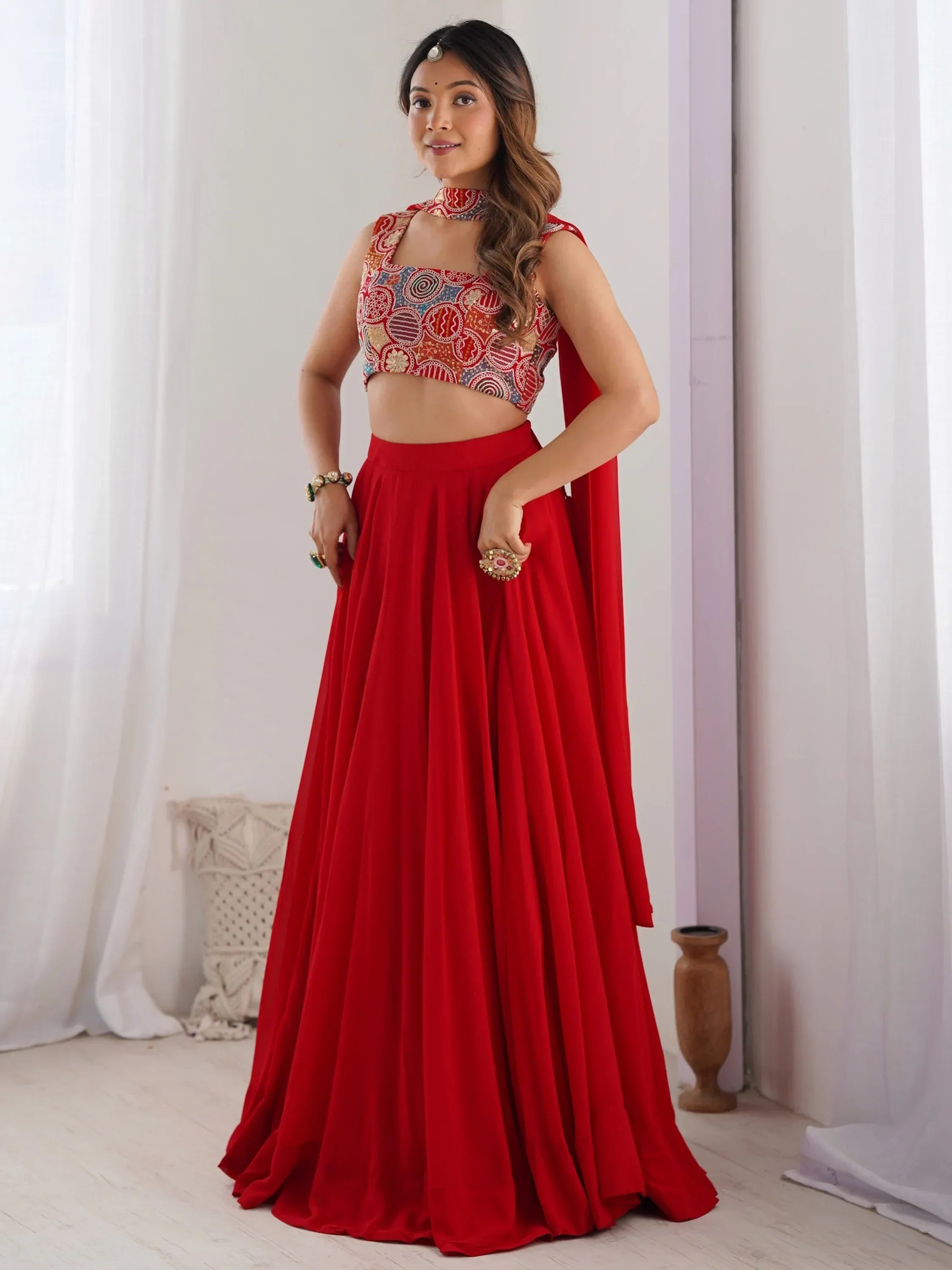Alluring Red Georgette Party Wear Lehenga Choli With Dupatta